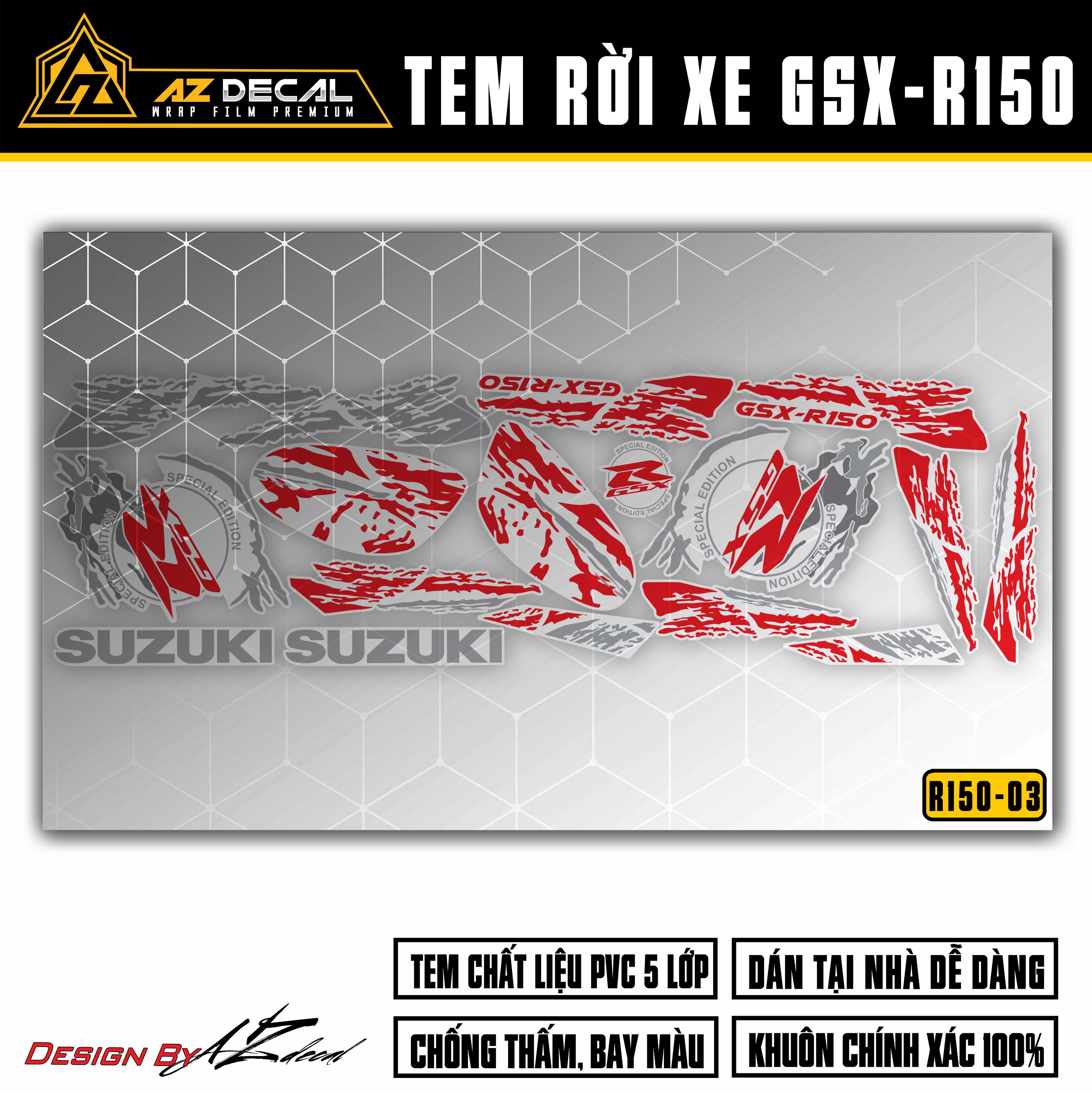 Chi tiết mẫu tem GSX R150 Special Edition đỏ xám cho xe trắng