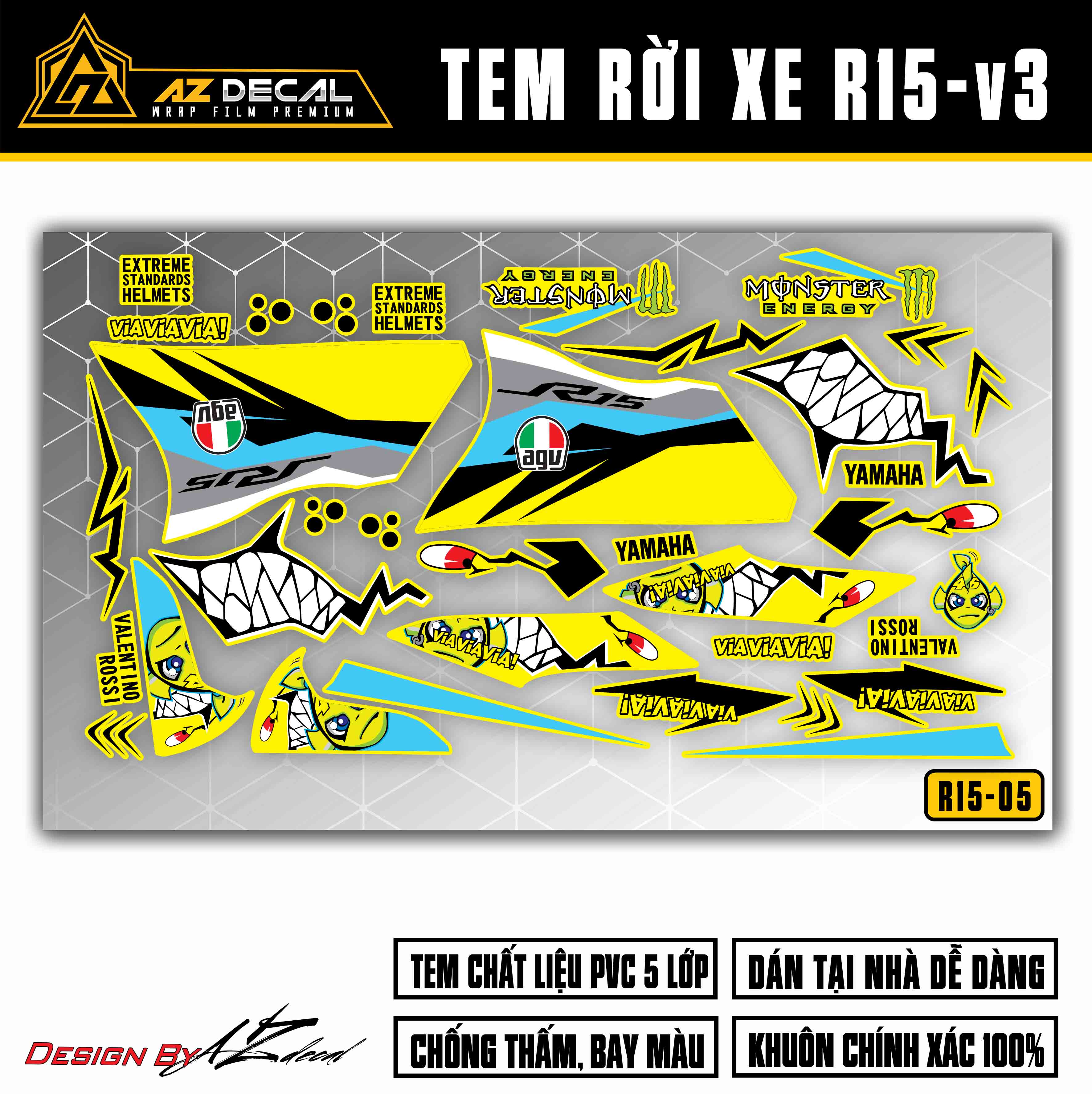 Chi tiết mẫu tem Cá Mập dán xe R15 v3 màu vàng