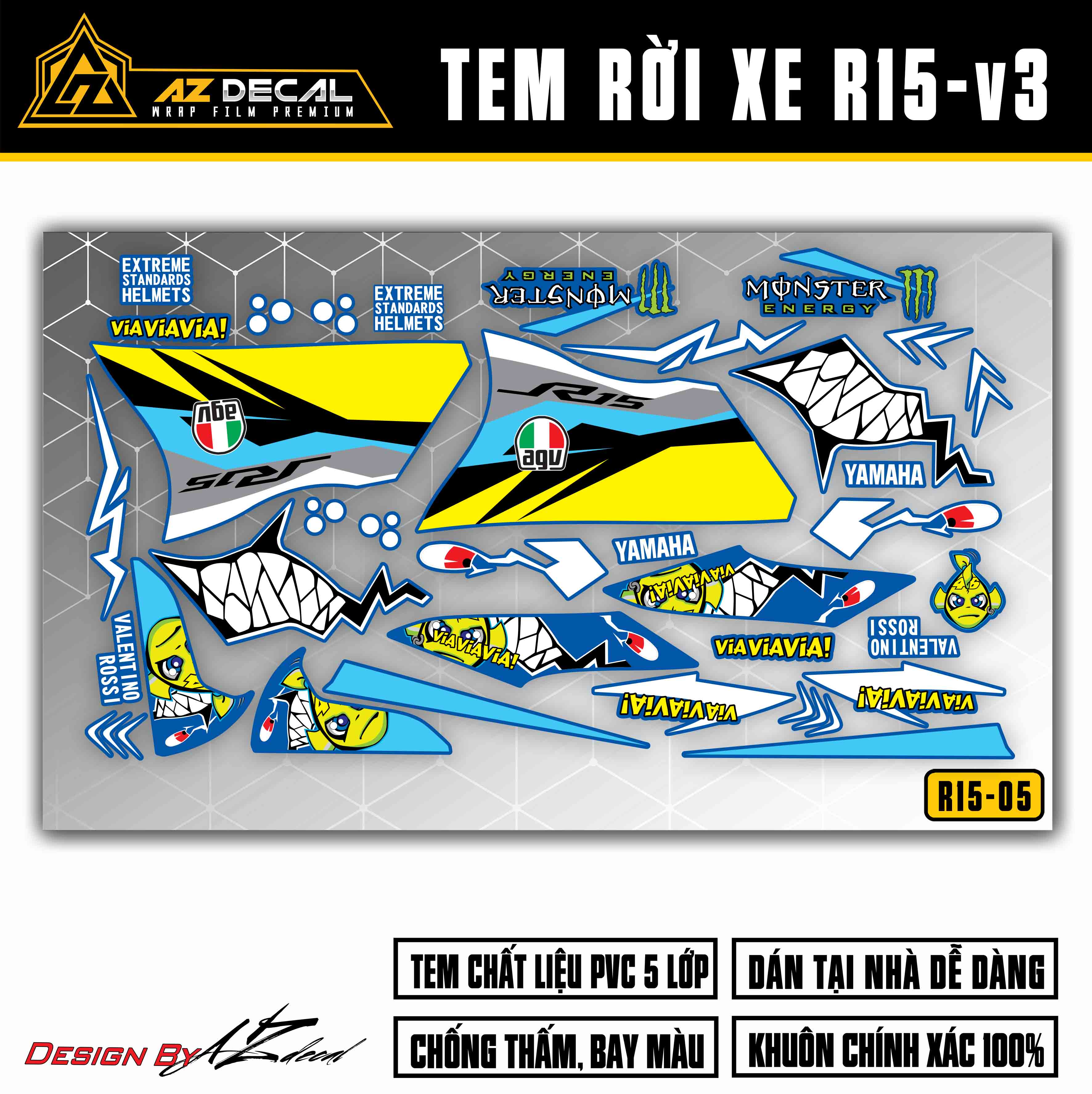 Tem dán xe R15 v3 mẫu cá mập Valentino Rossi cho xe xanh GP