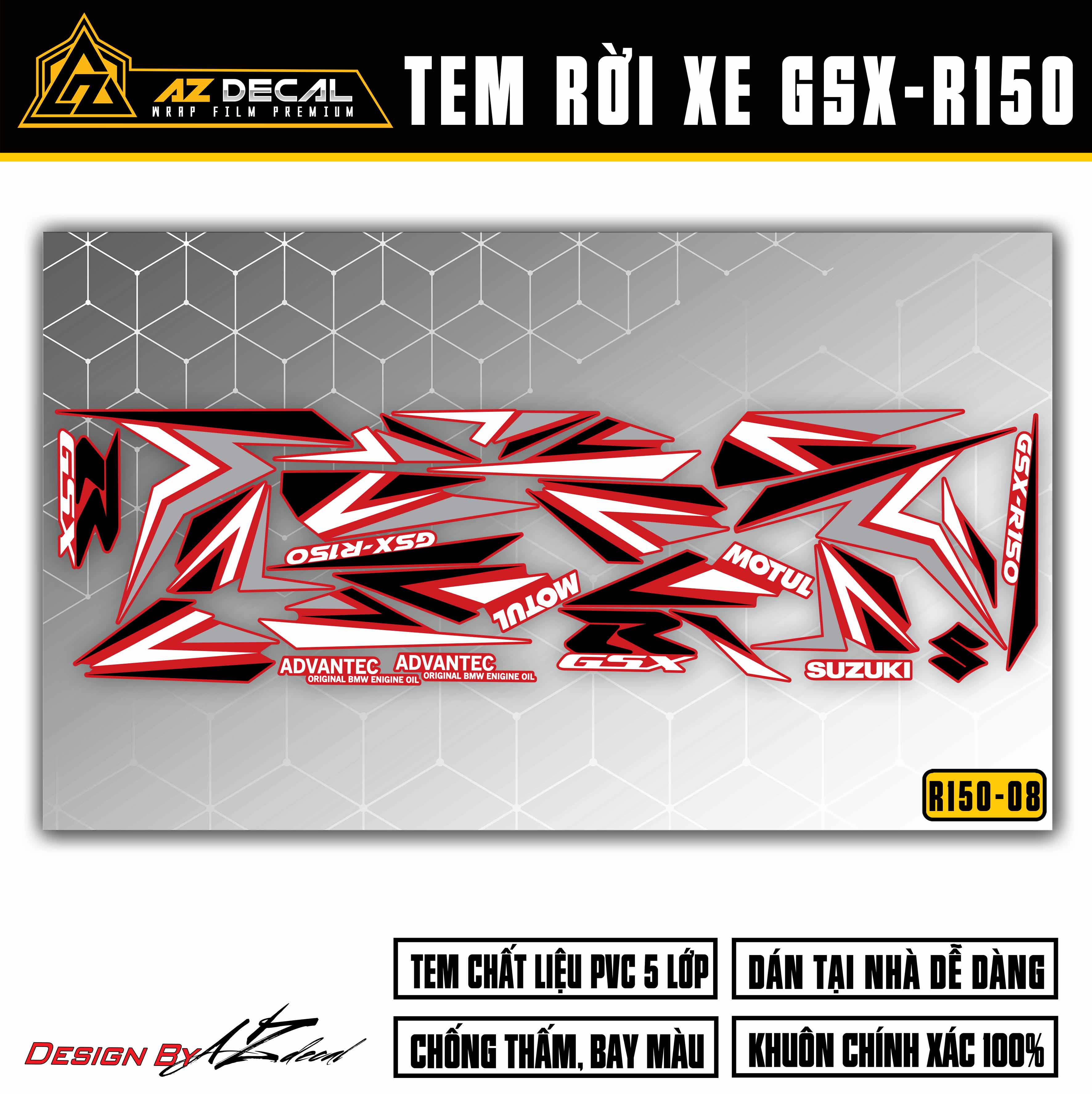 Dán decal xe GSX R150 đỏ tem màu đen trắng