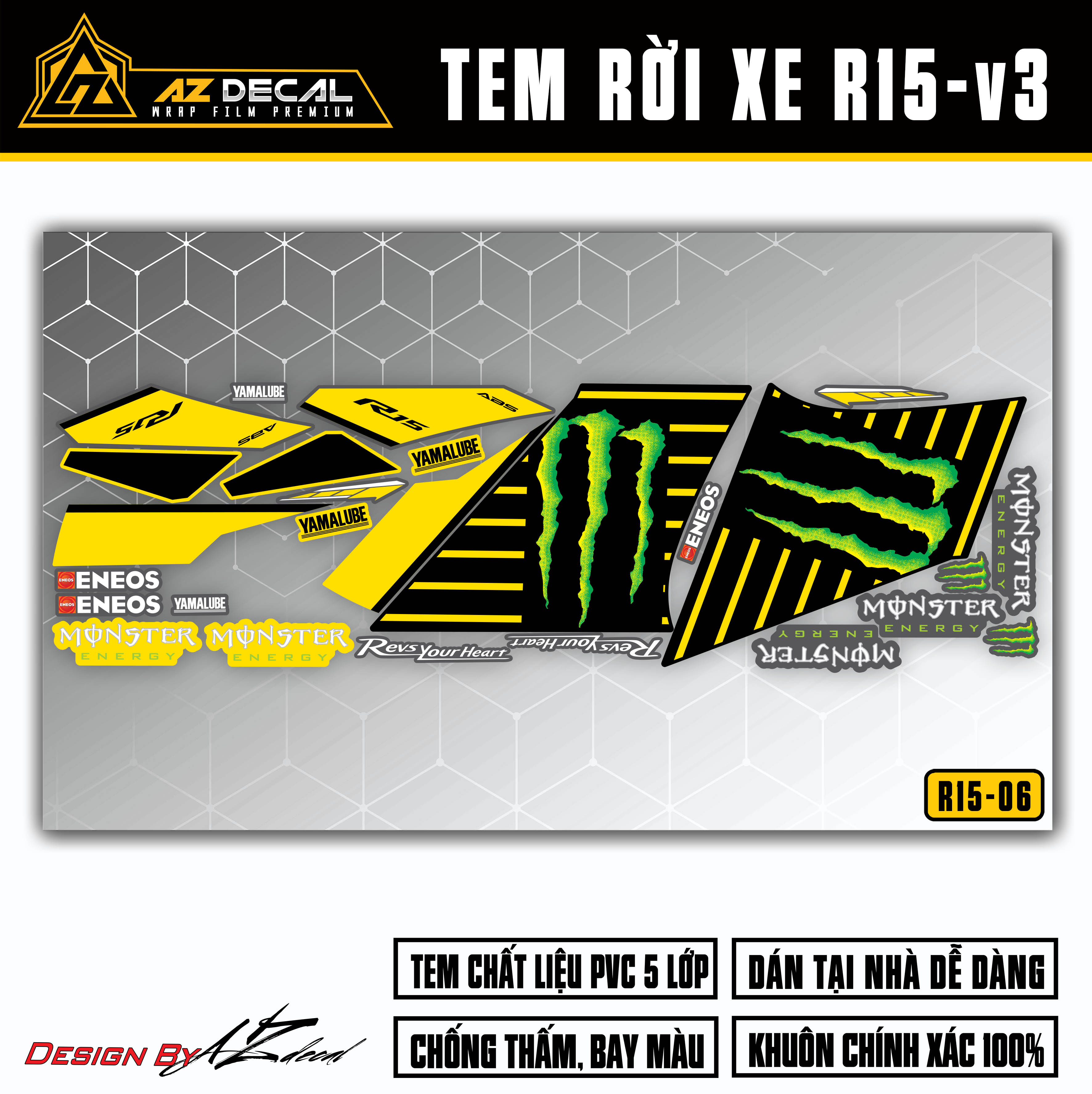 Dán decal R15v3 xám mẫu Monster đẹp