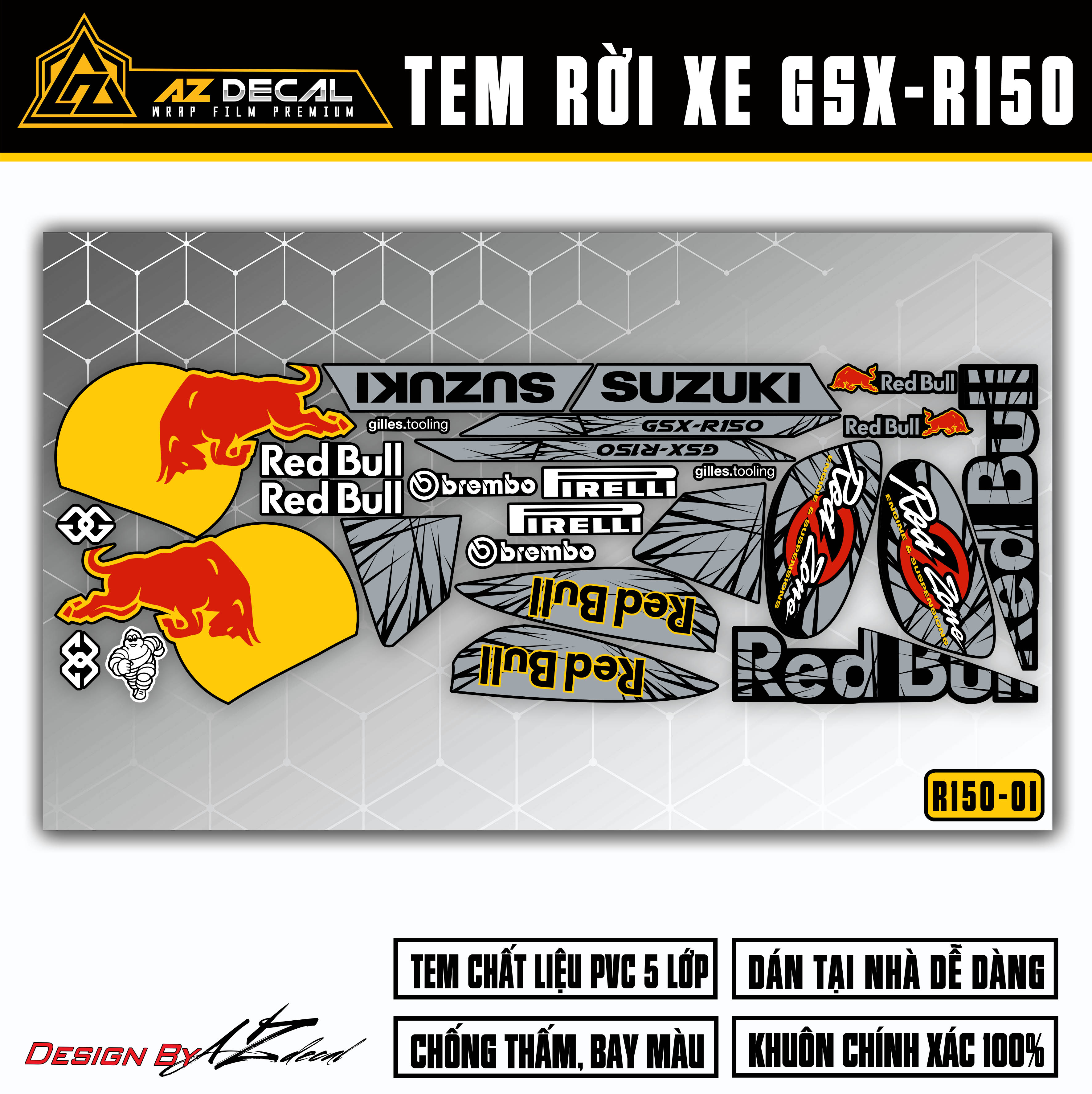 Tem rời xe Suzuki GSX R150 Red Bull cho xe đen