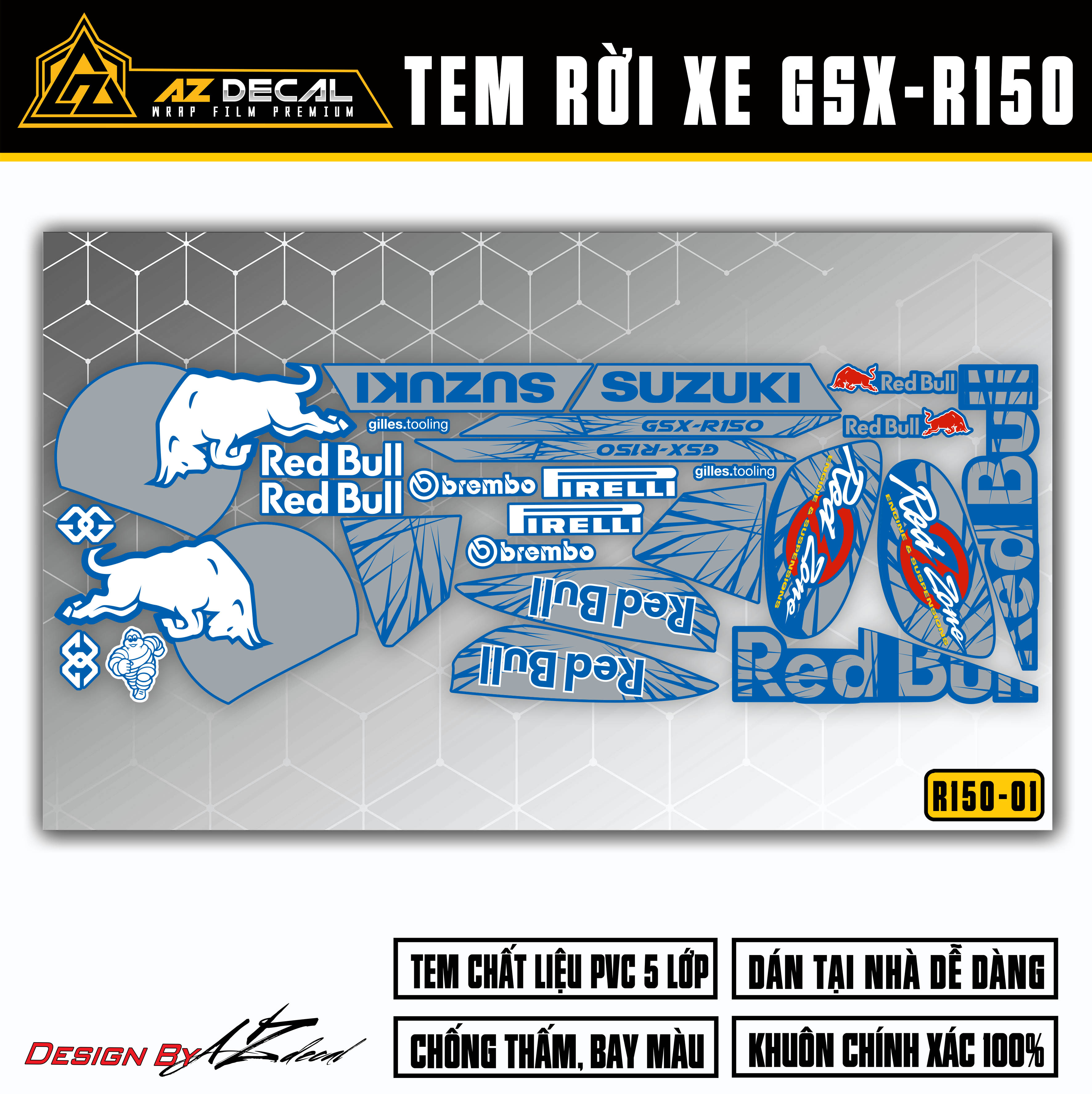 Tem xe GSX R150 màu xám trắng cho xe xanh phong cách Red Bull