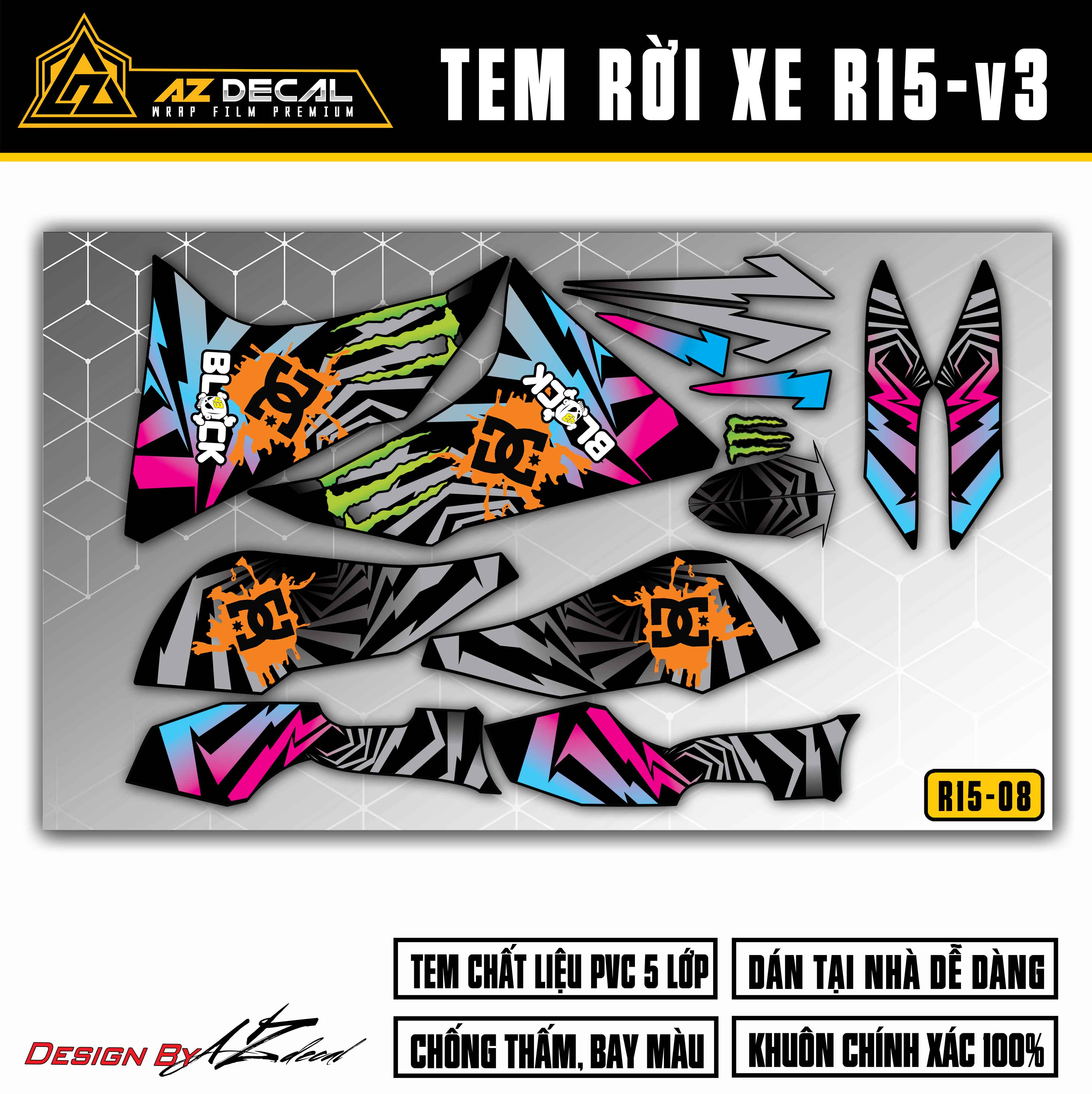 Chi tiết mẫu tem Ken Block DC cho xe R15v3 đen