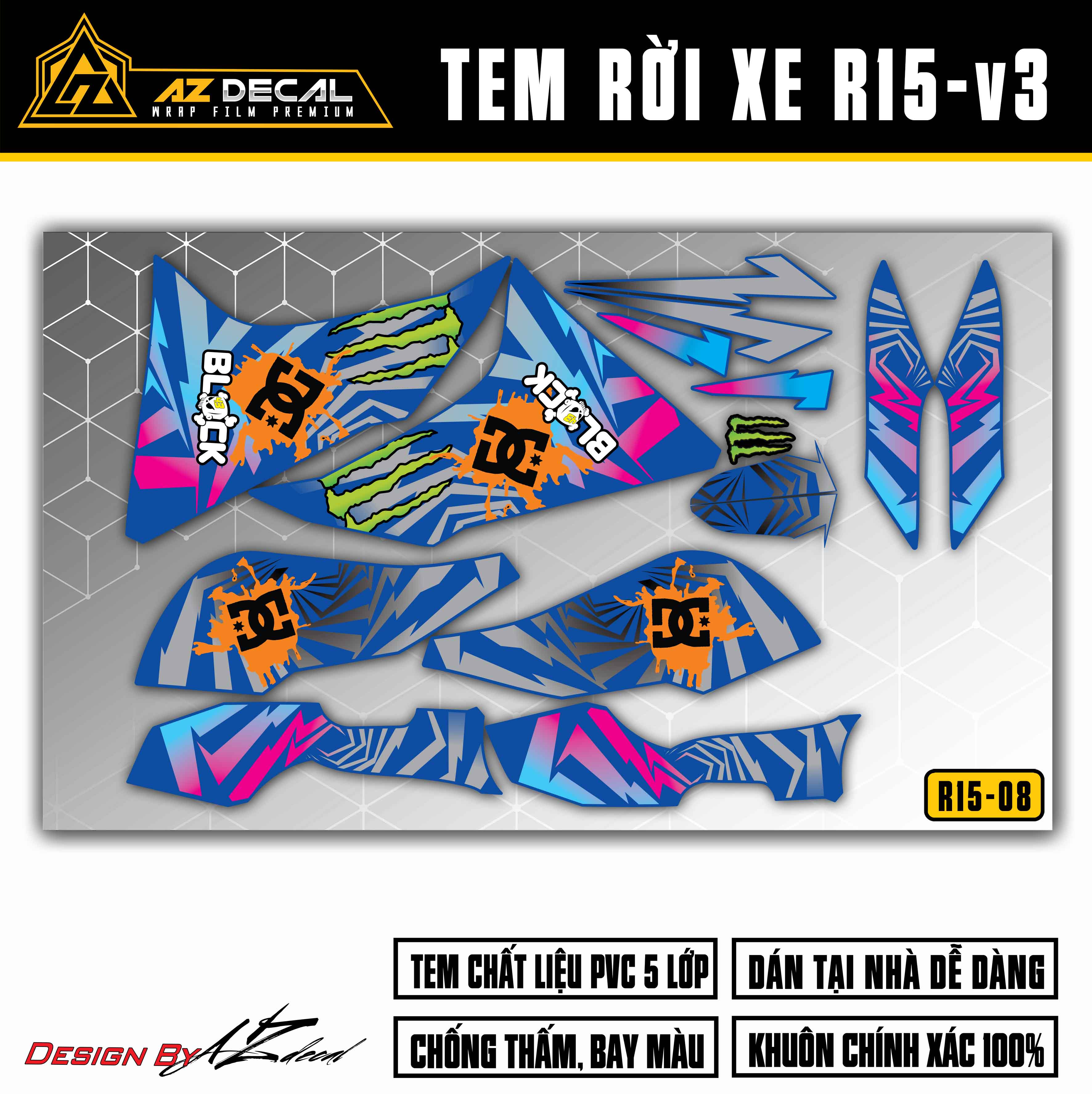 Decal dán xe R15 V3 mẫu Ken Block DC cho xe xanh GP