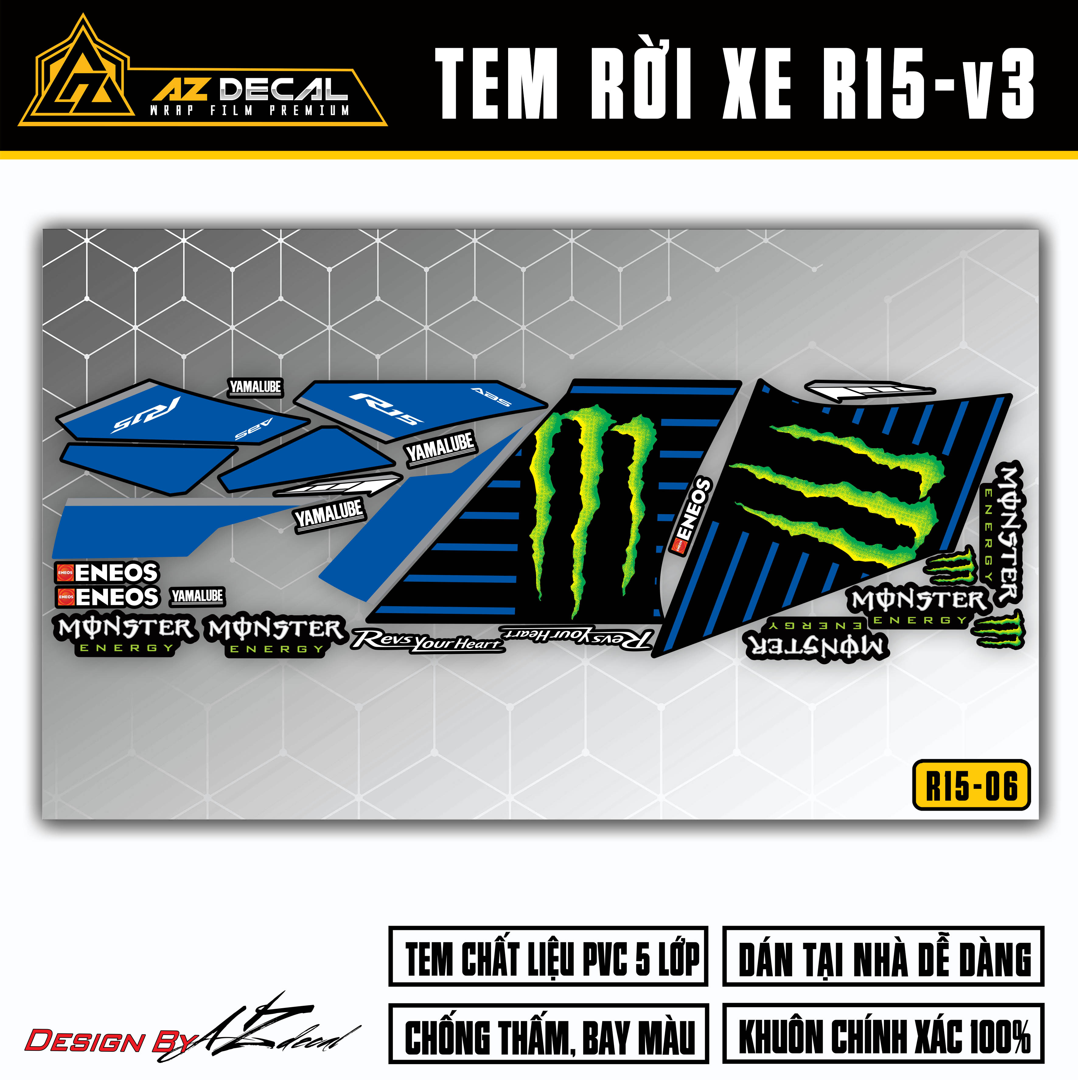 Chi tiết mẫu tem Monster dán xe R15v3 đen