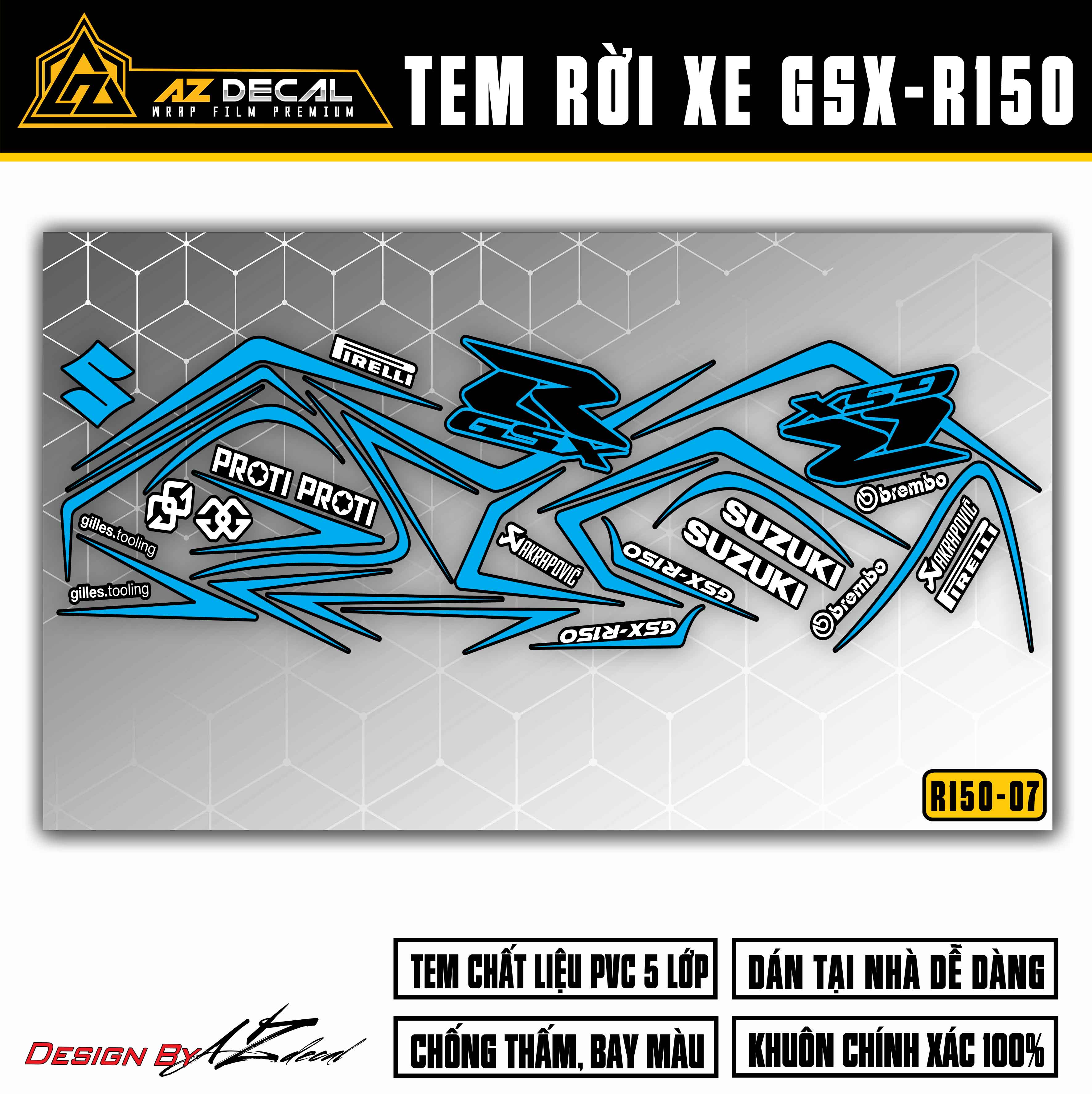 Chi tiết mẫu tem chỉ dán xe GSX R150 đen