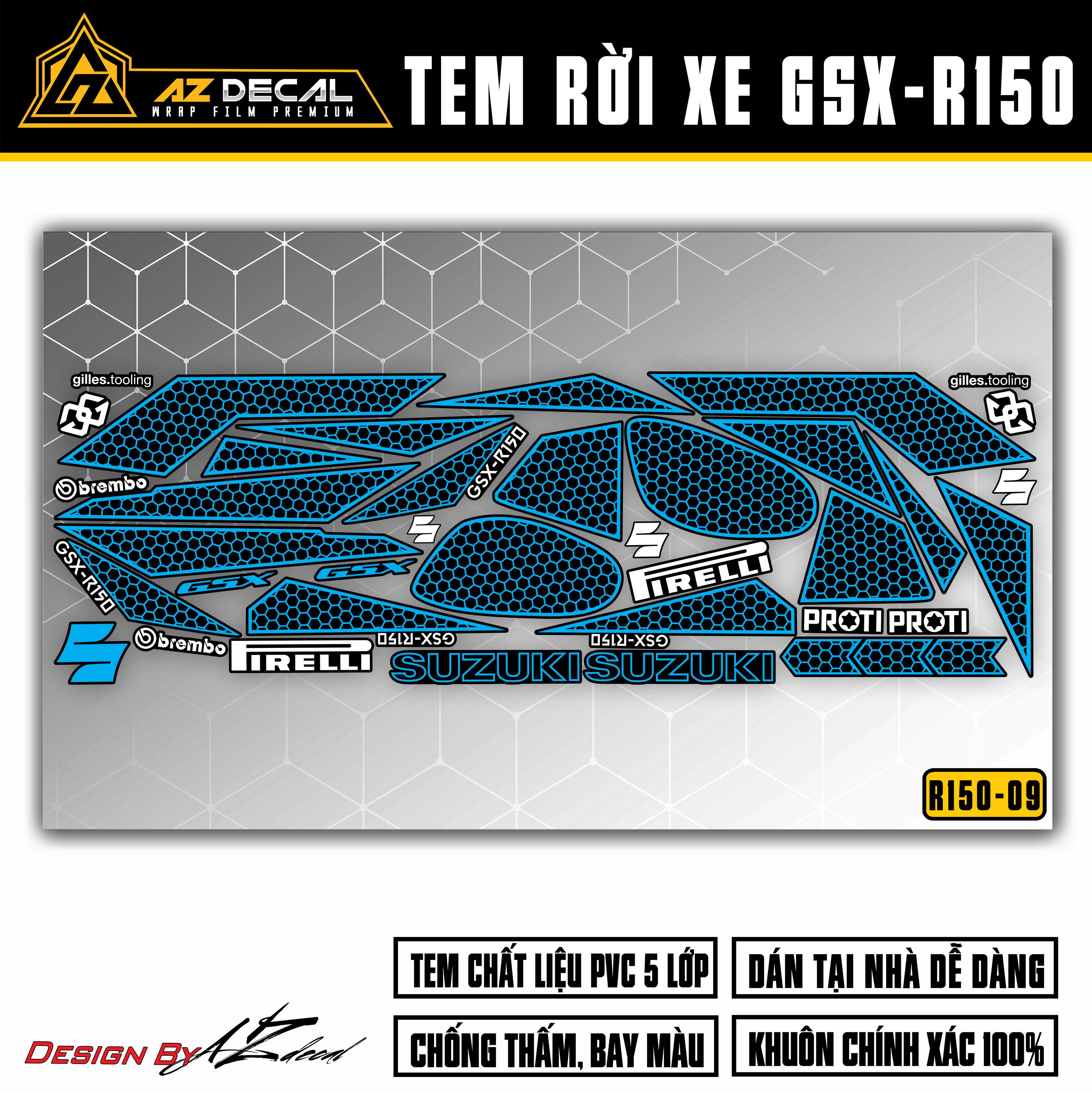 Chi tiết mẫu tem xanh trắng dán xe GSX R150 đen