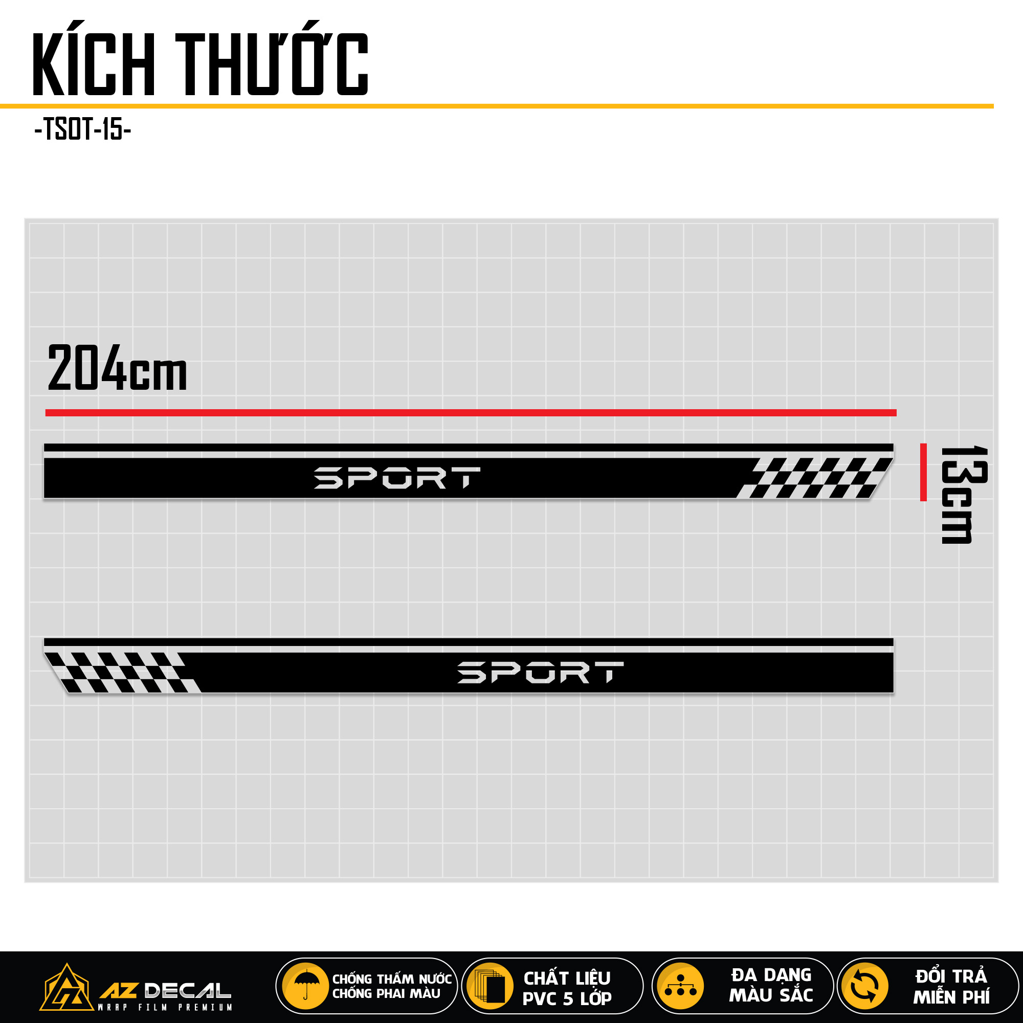 Kích thước mẫu tem dán sườn xe ô tô - xe hơi chữ SPORT