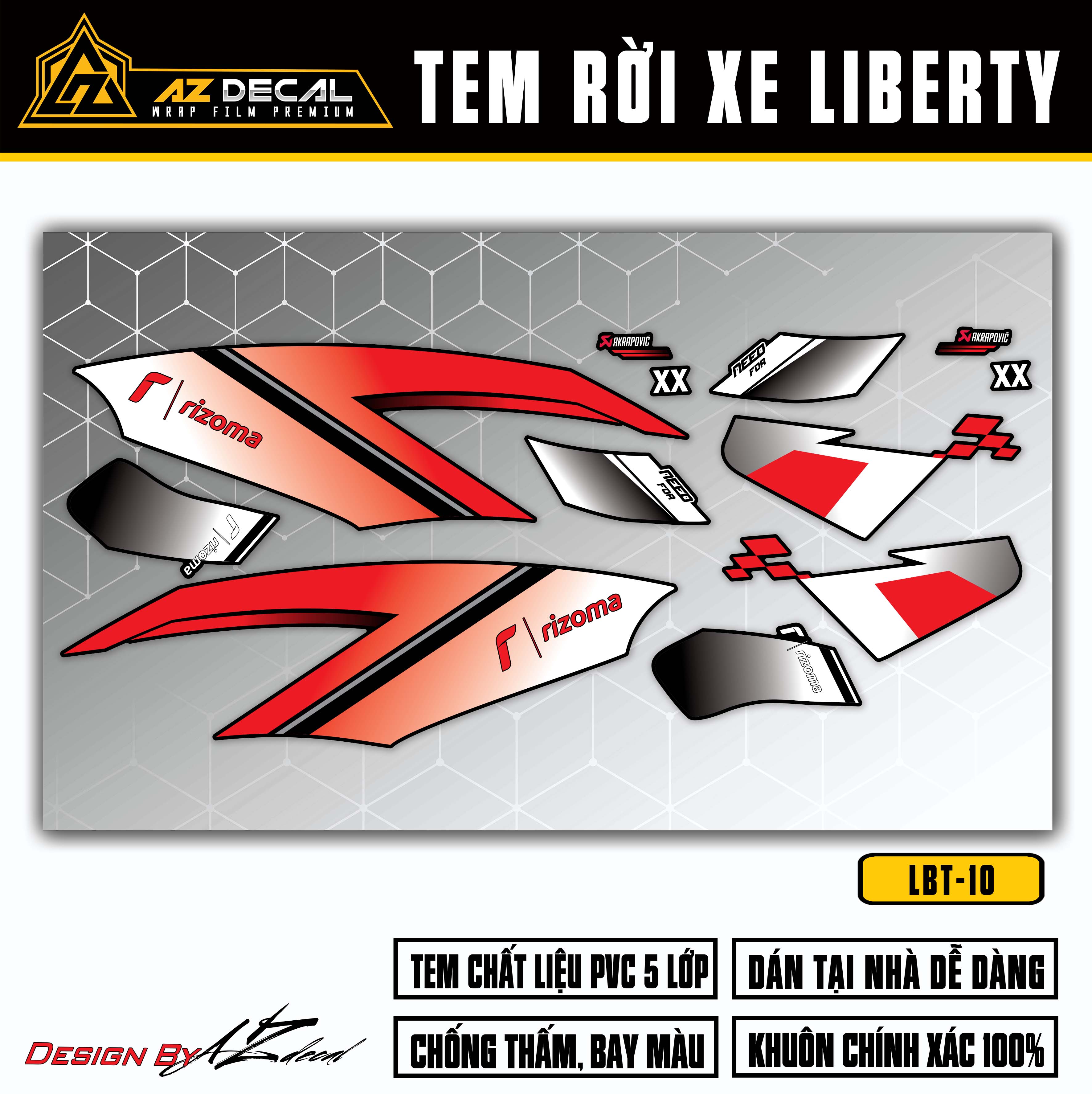 Tem chế dán xe Liberty màu đỏ trắng nền đen