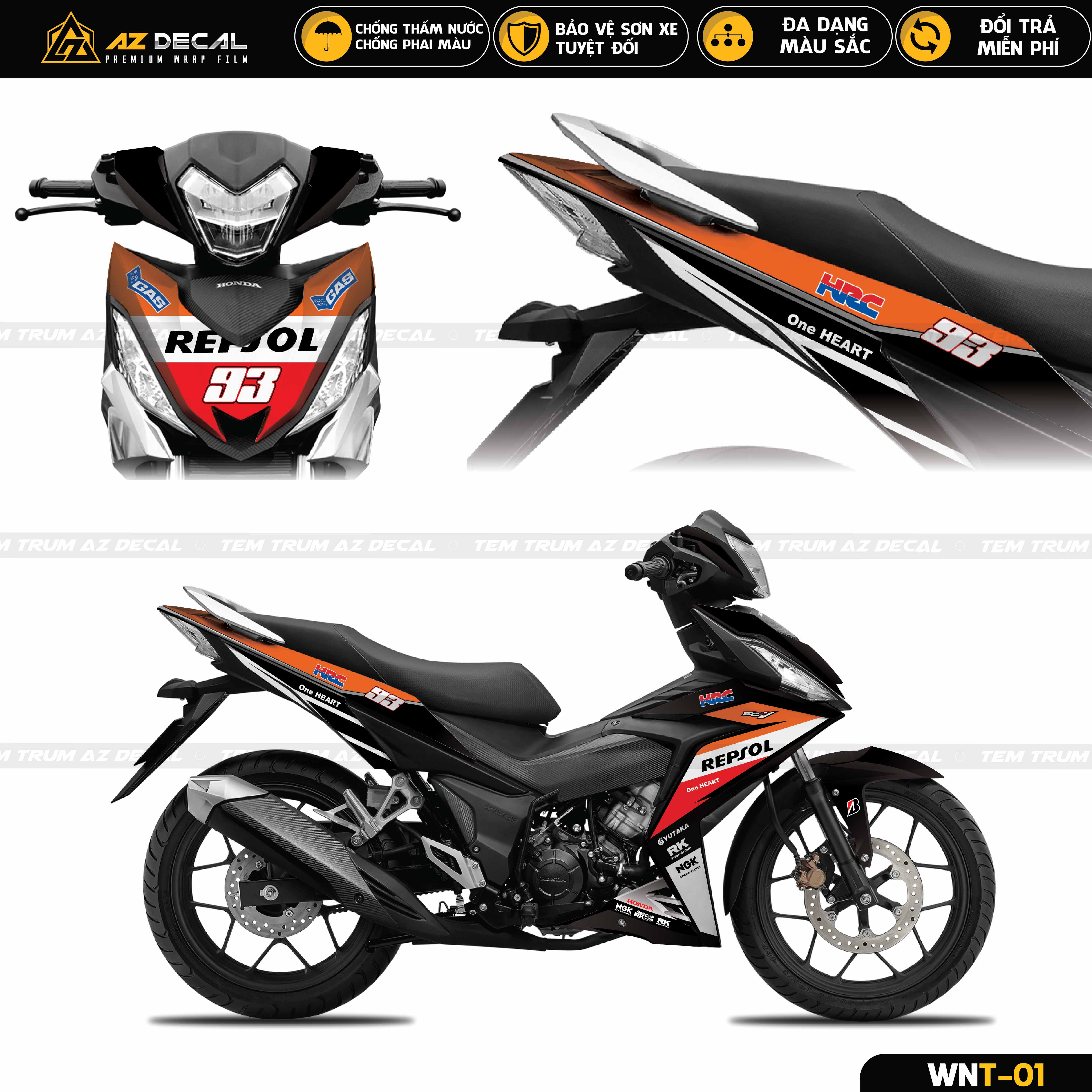 Tem trùm xe Honda Winer 150 V1 mẫu Repsol cam đen