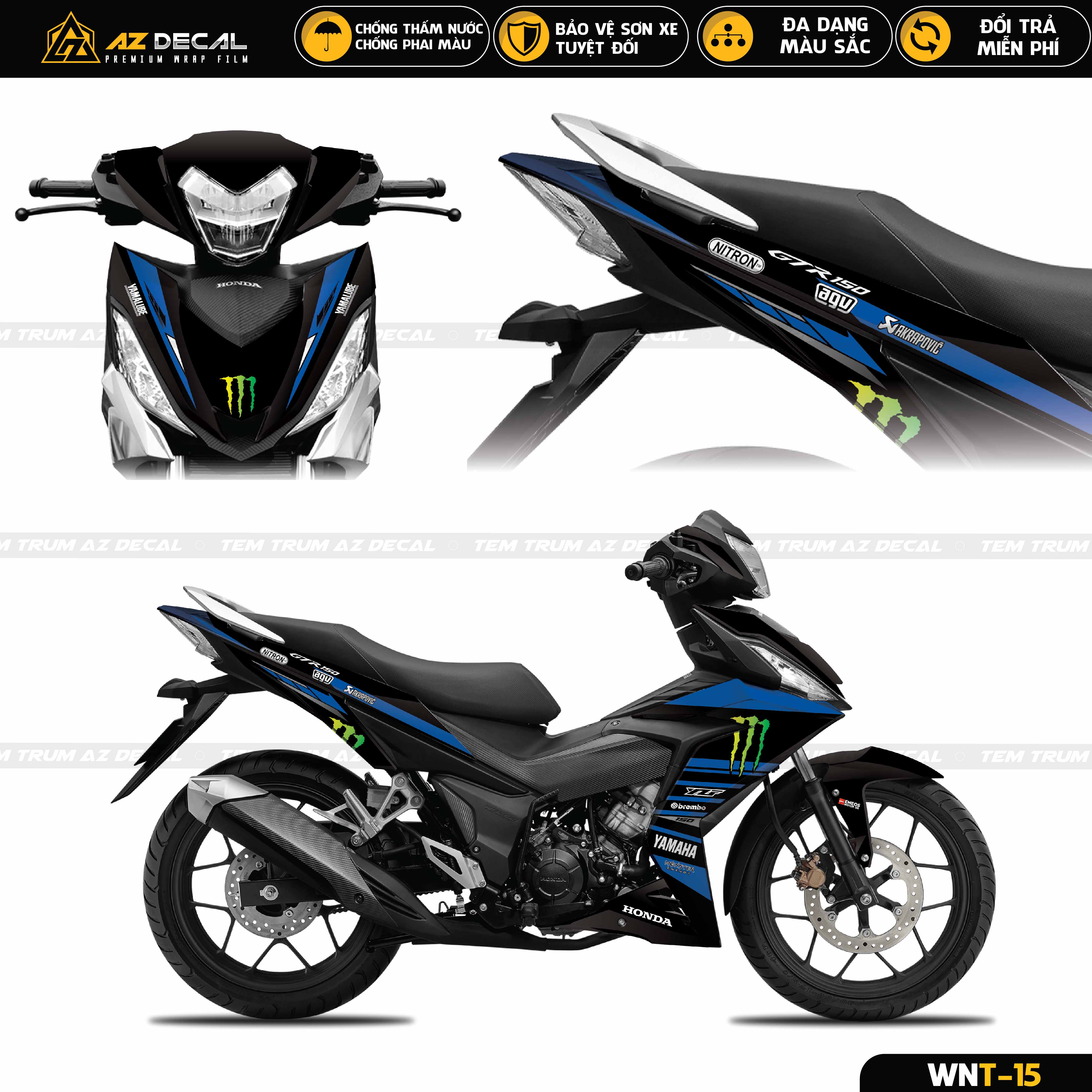 Decal dán trùm Honda Winner 150 phong cách Monster màu đen xanh