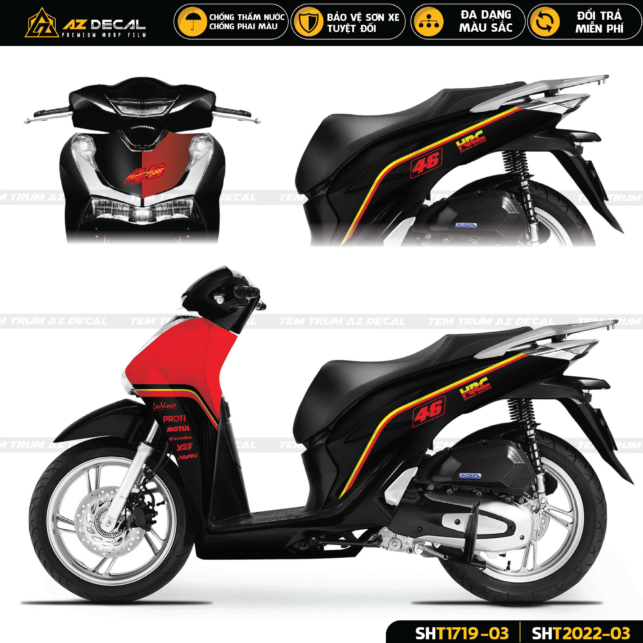 Dán decal xe Sh 2017 - 2022 phong cách Honda Racing đen đỏ