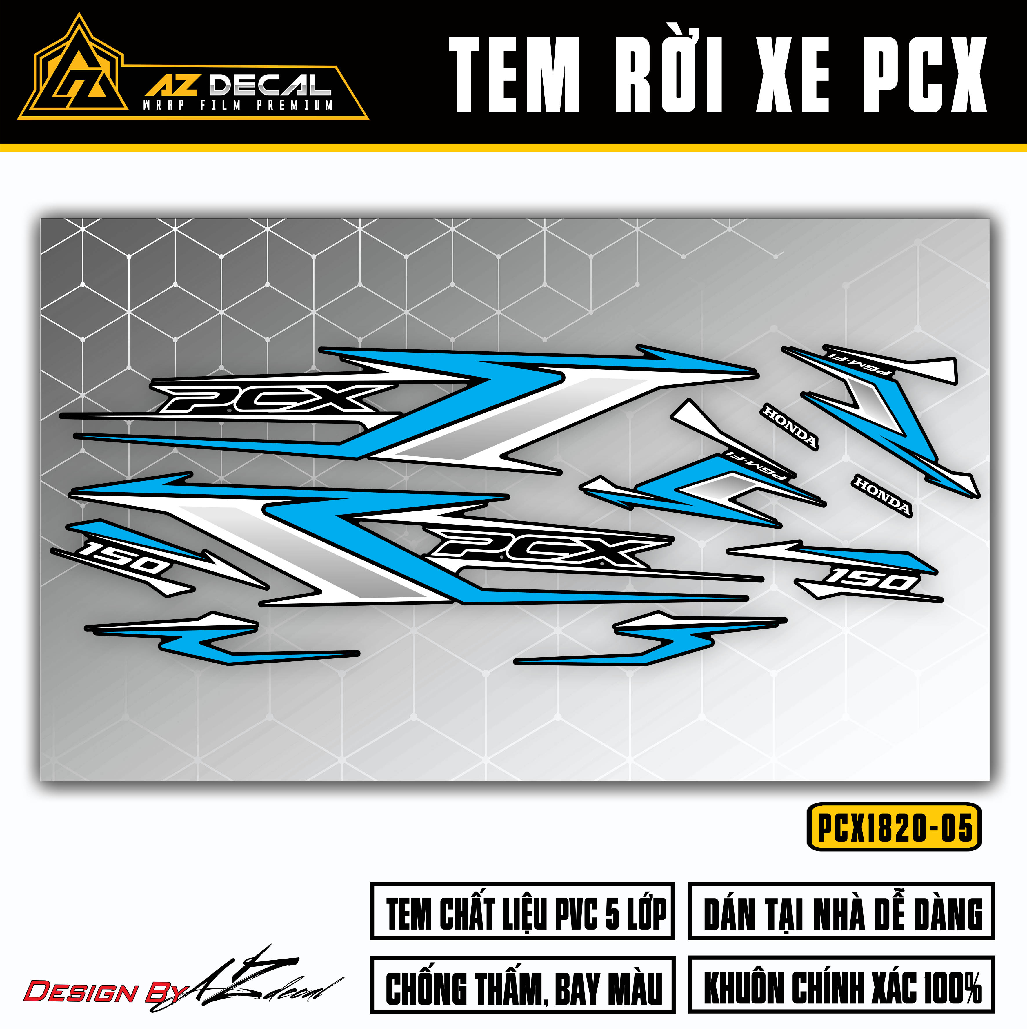 Chi tiết mẫu decal dán xe PCX xanh trắng (nền đen)