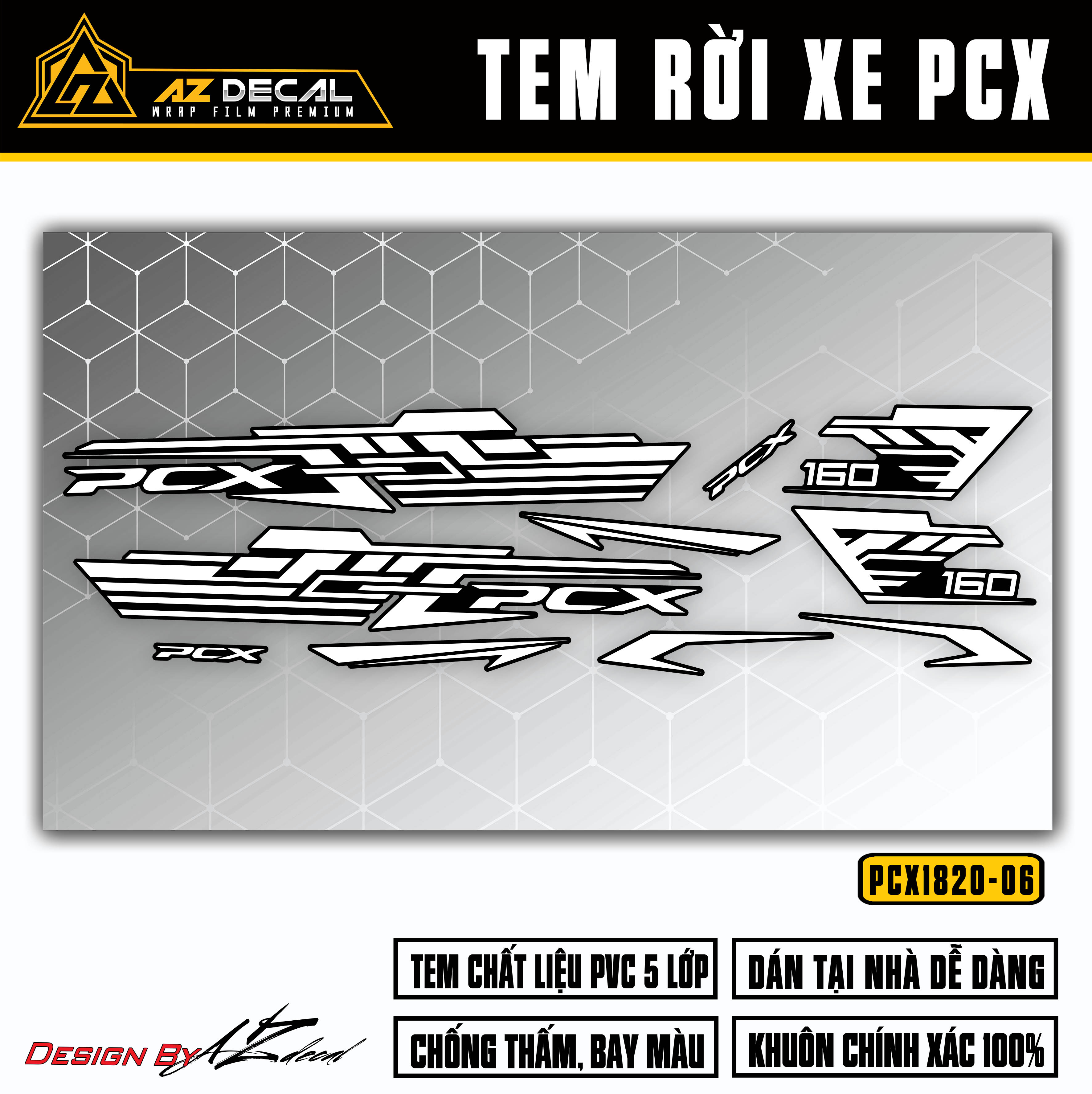 Chi tiết mẫu dán decal PCX 160 đen trắng