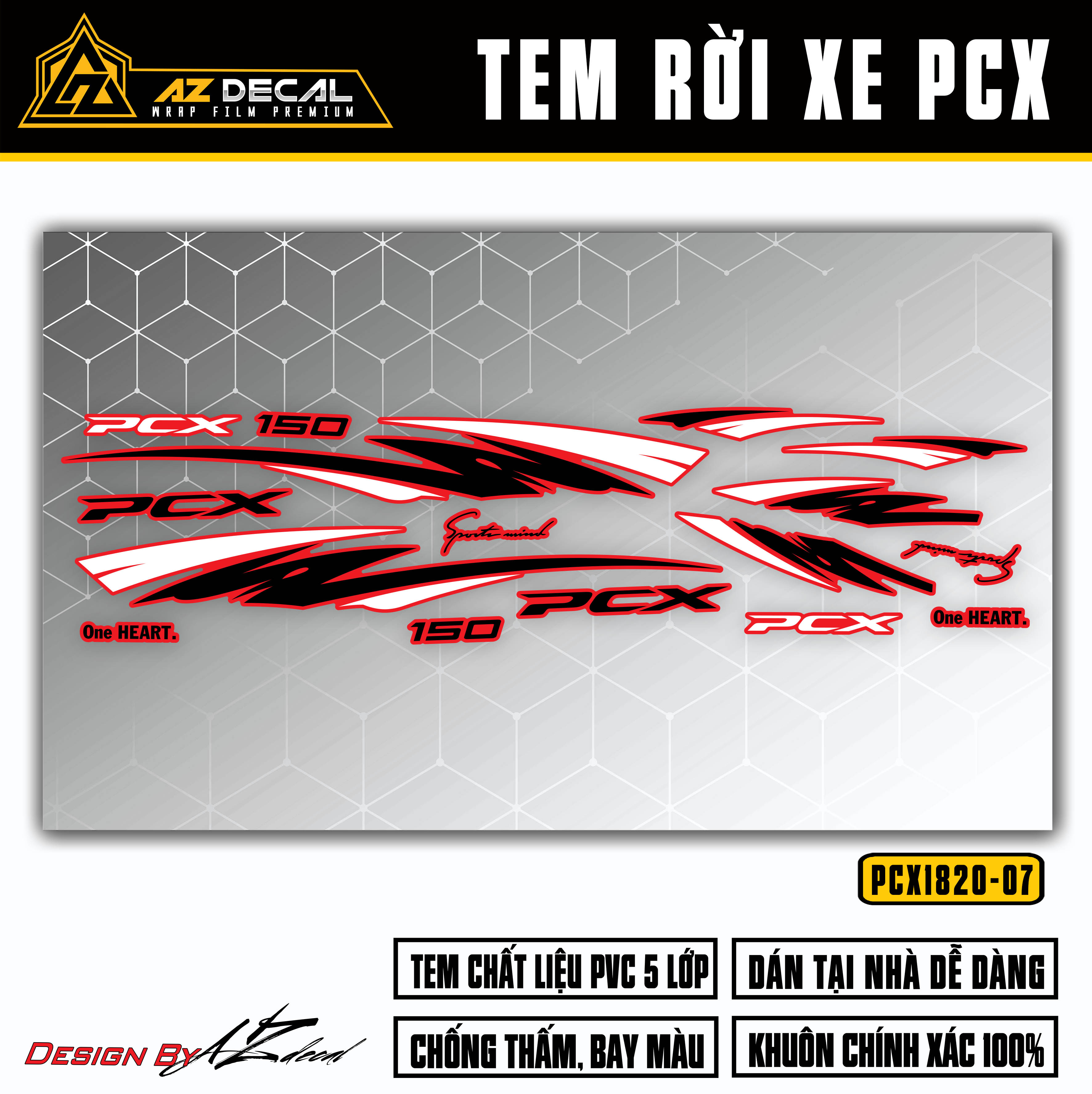 Chi tiết mẫu tem xe PCX 2014 - 2020 màu đen trắng (nền đỏ)