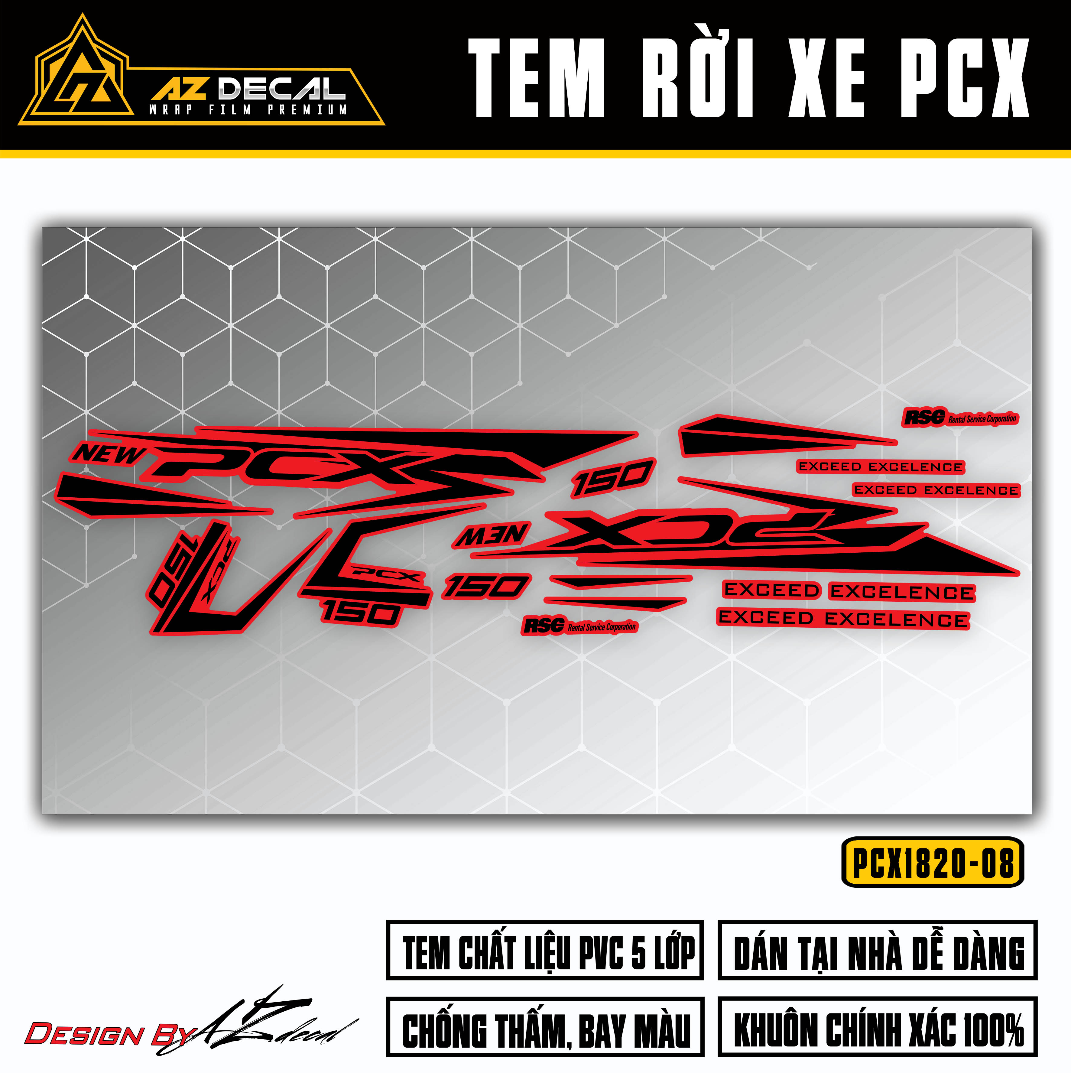 Tem PCX 150 đen đỏ đẹp mẫu Exceed Excellence