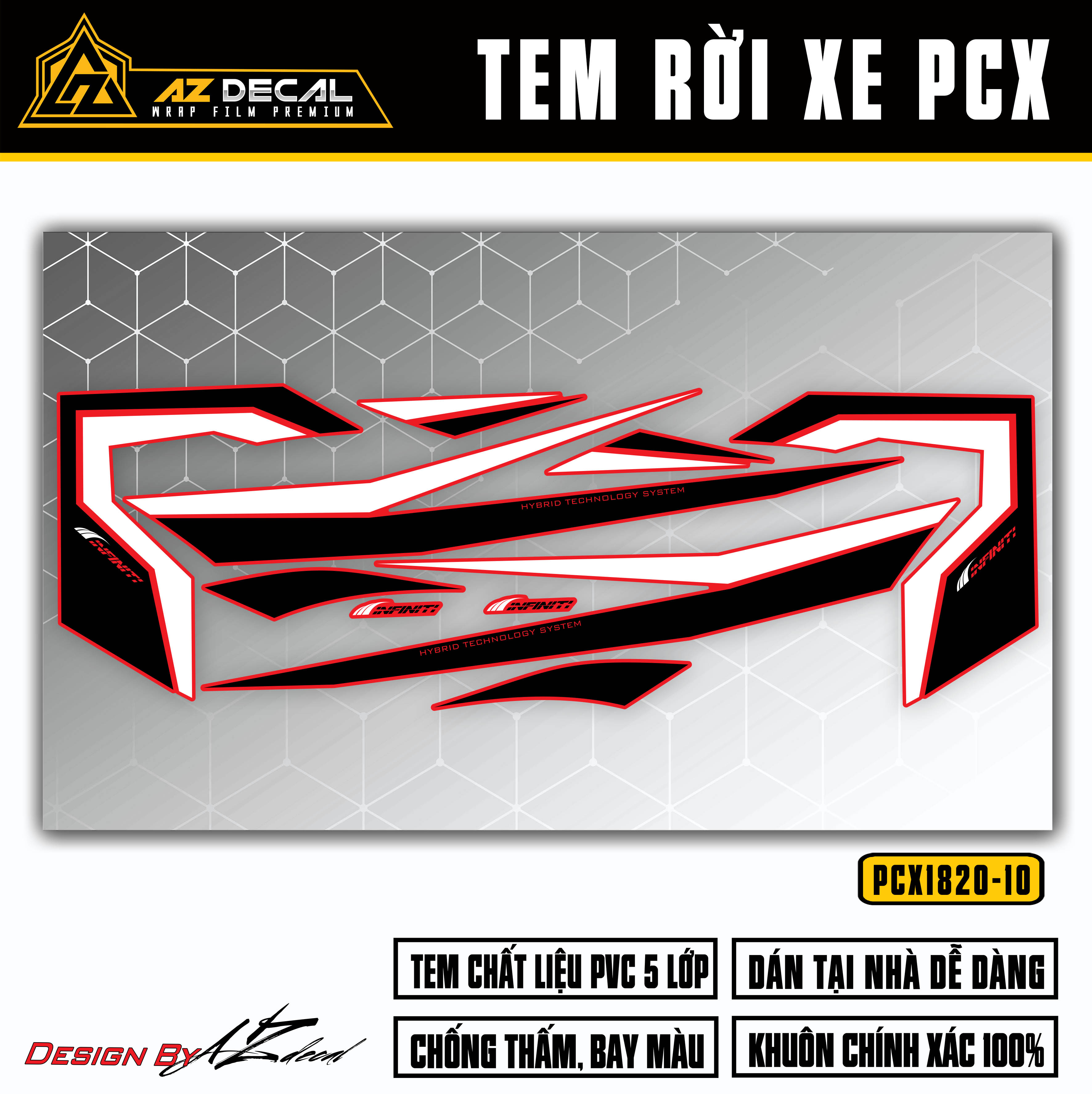 Decal dán xe PCX 150 125 Infinity đen trắng (nền đỏ)