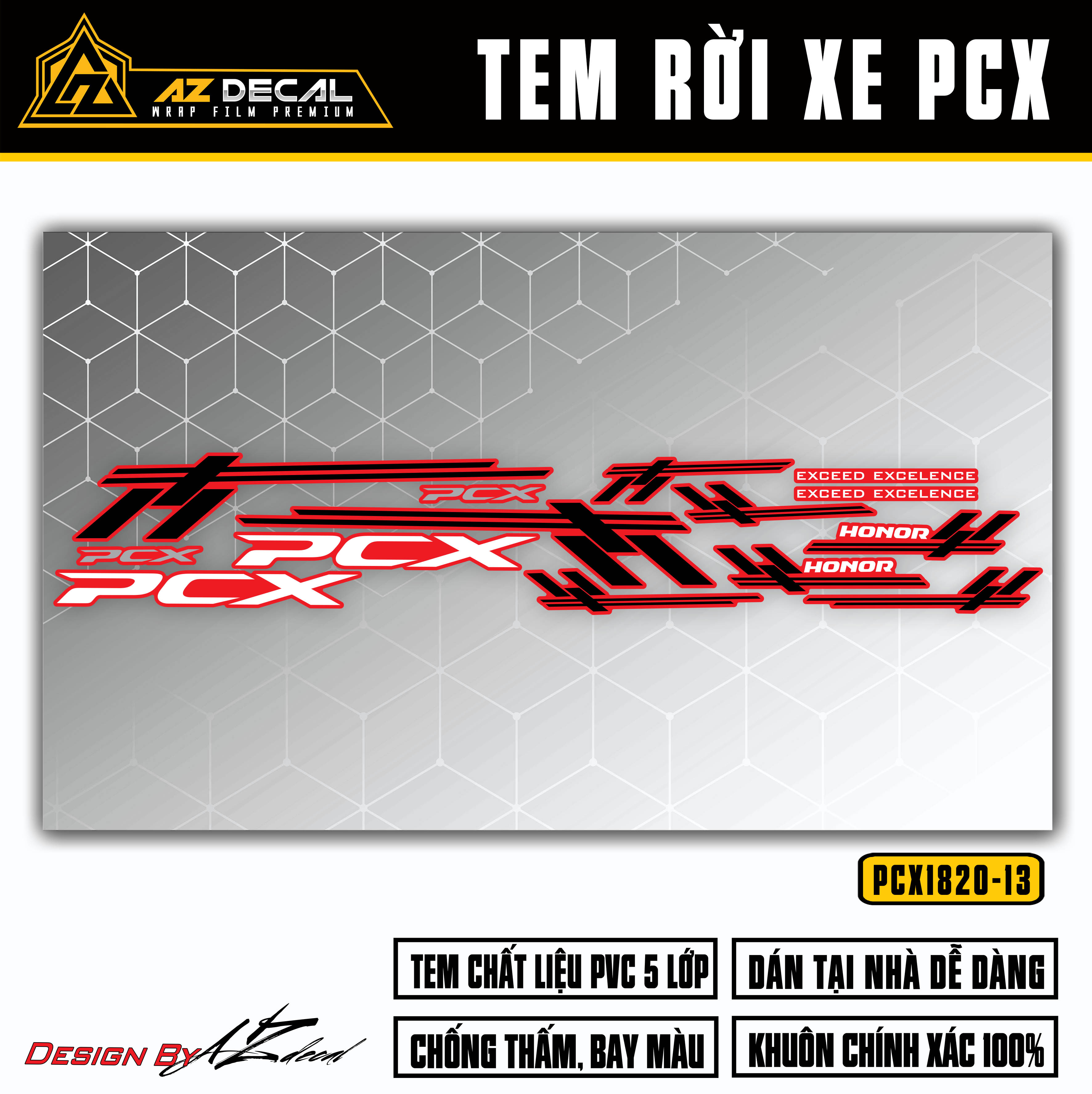 Mẫu tem rời dán xe PCX màu đen trắng (nền đỏ)