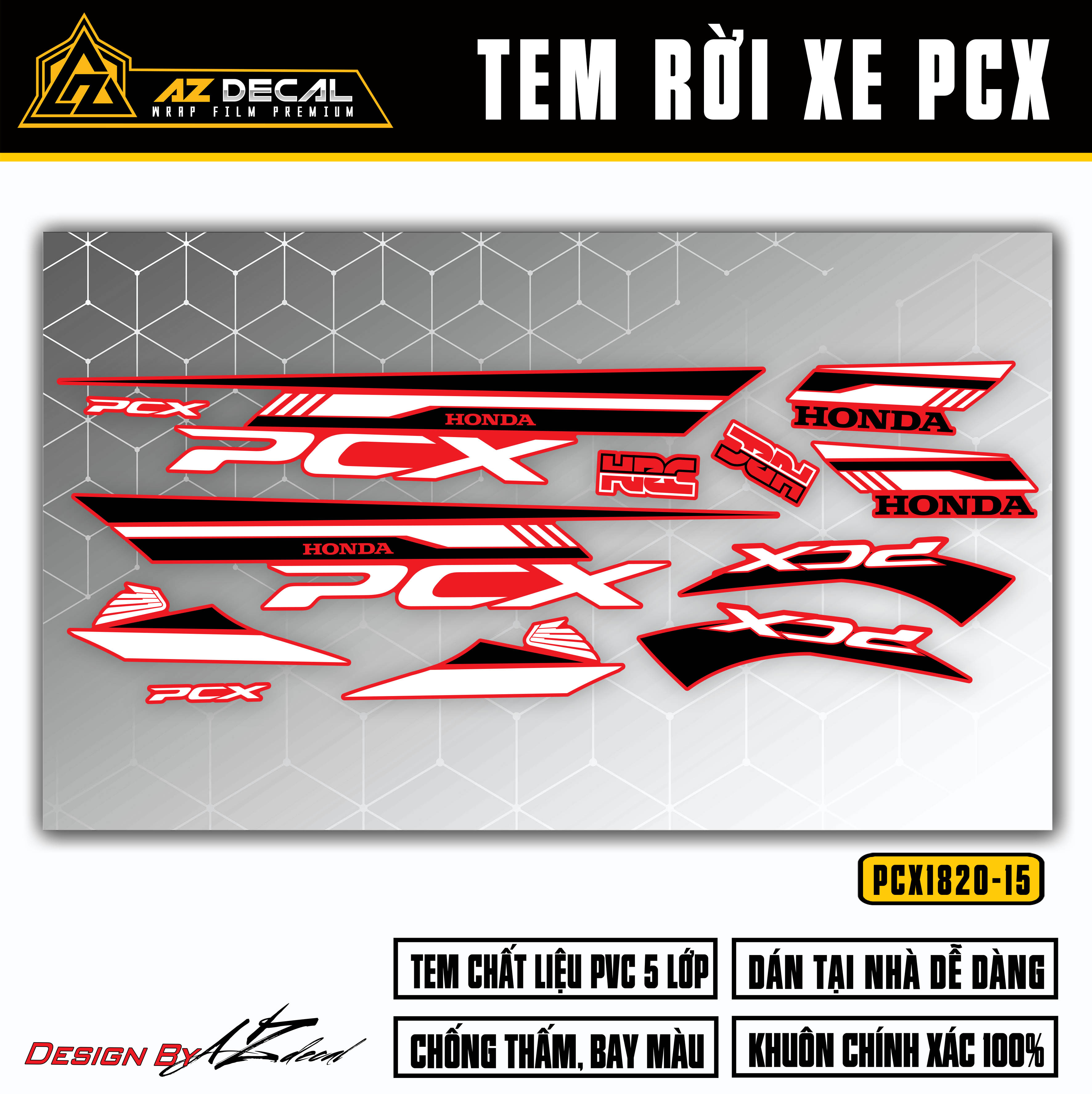 Decal chế dán xe PCX đẹp mẫu HRC màu đen trắng (Nền đỏ)