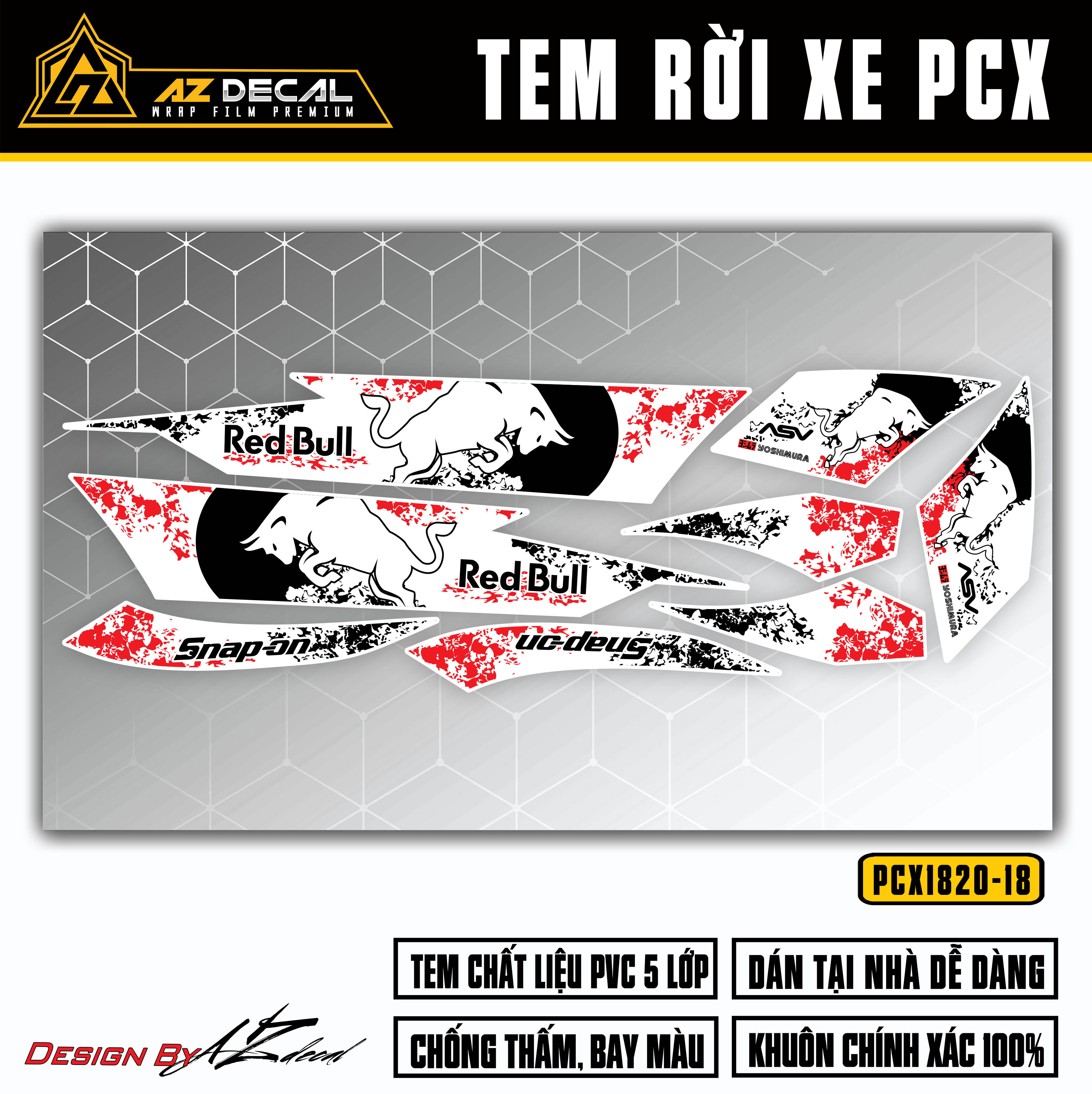 Tem xe PCX cao cấp màu đỏ đen trắng mẫu Red Bull