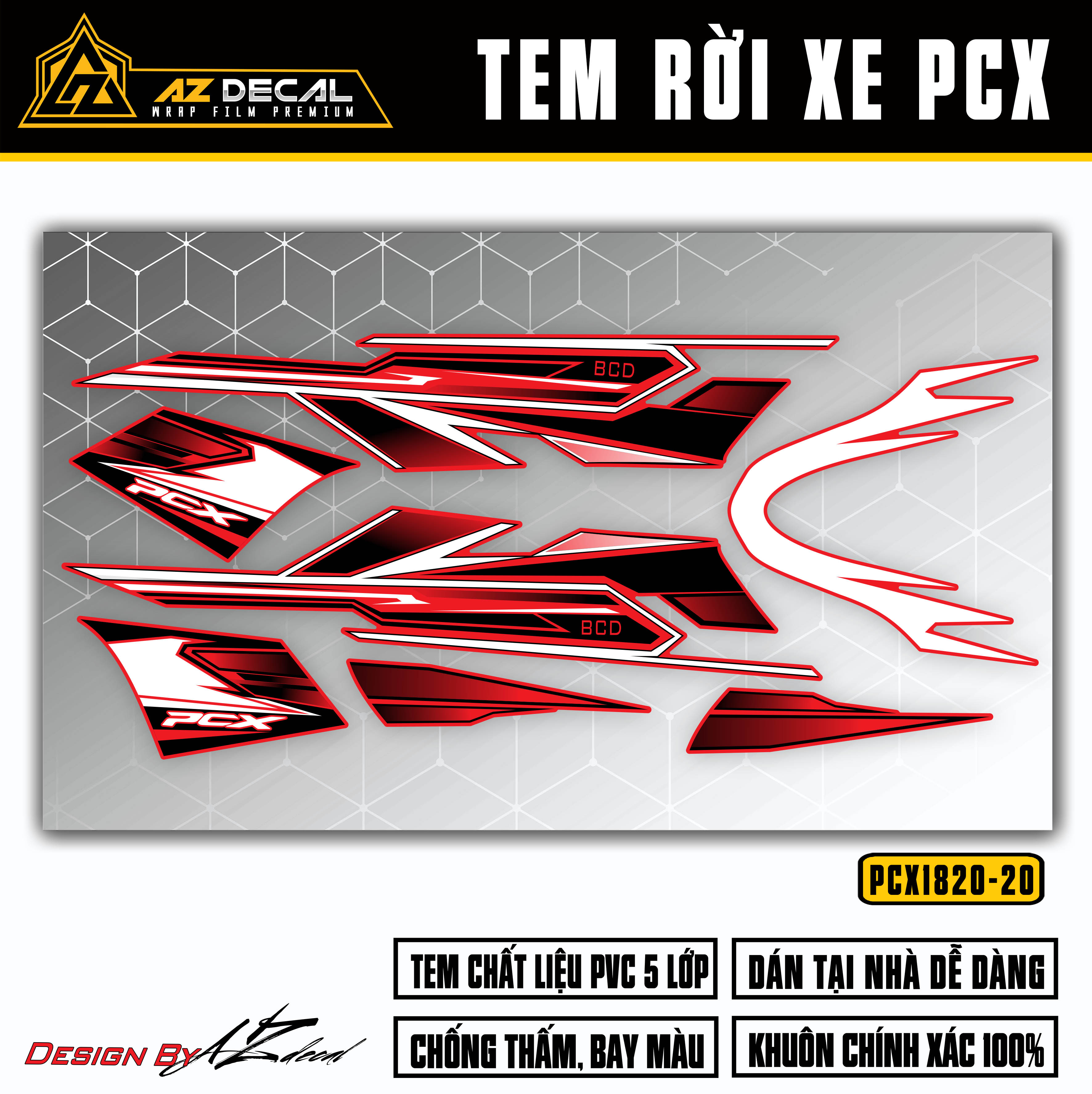 Tem xe PCX 2014 - 2020 màu đen trắng nền đỏ