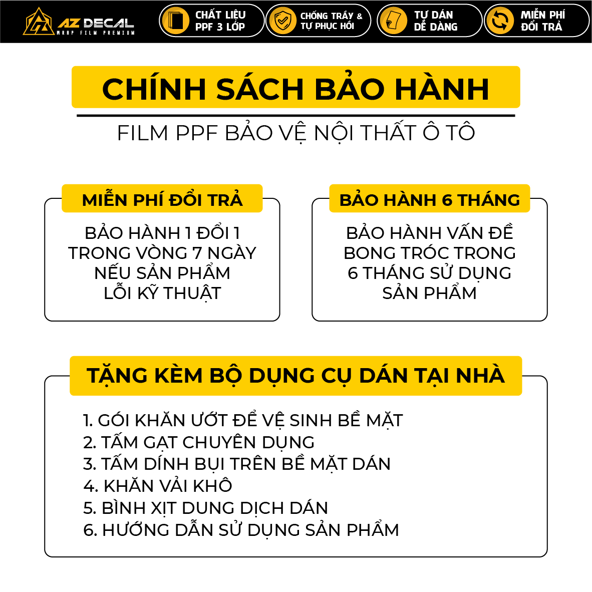 Chính sách bảo hành film PPF nội thất ô tô tại AZDECAL