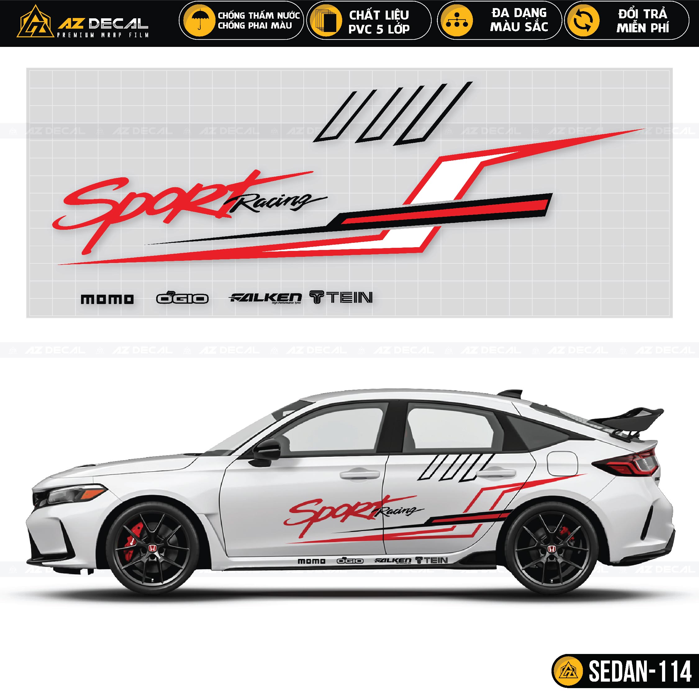 Decal Sport Racing màu đỏ dán sườn xe ô tô Sedan