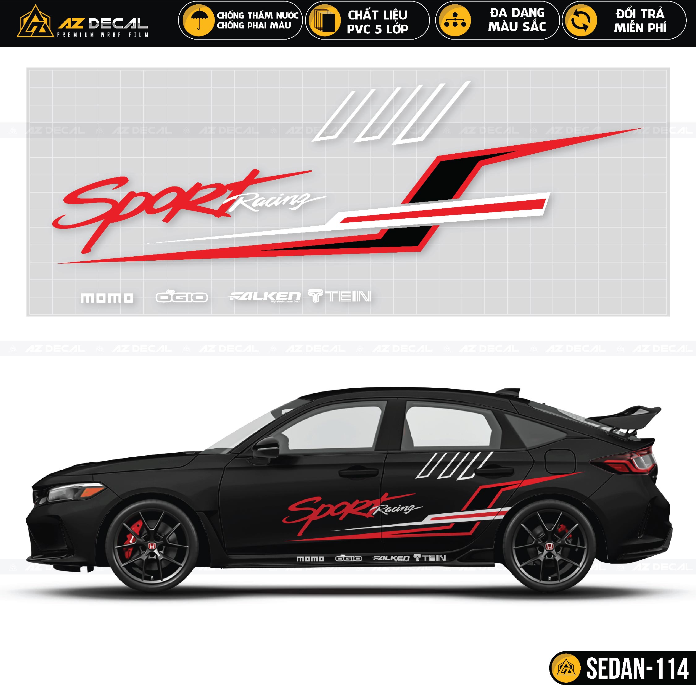 Decal Sport Racing dán sườn xe ô tô Sedan đẹp nhất