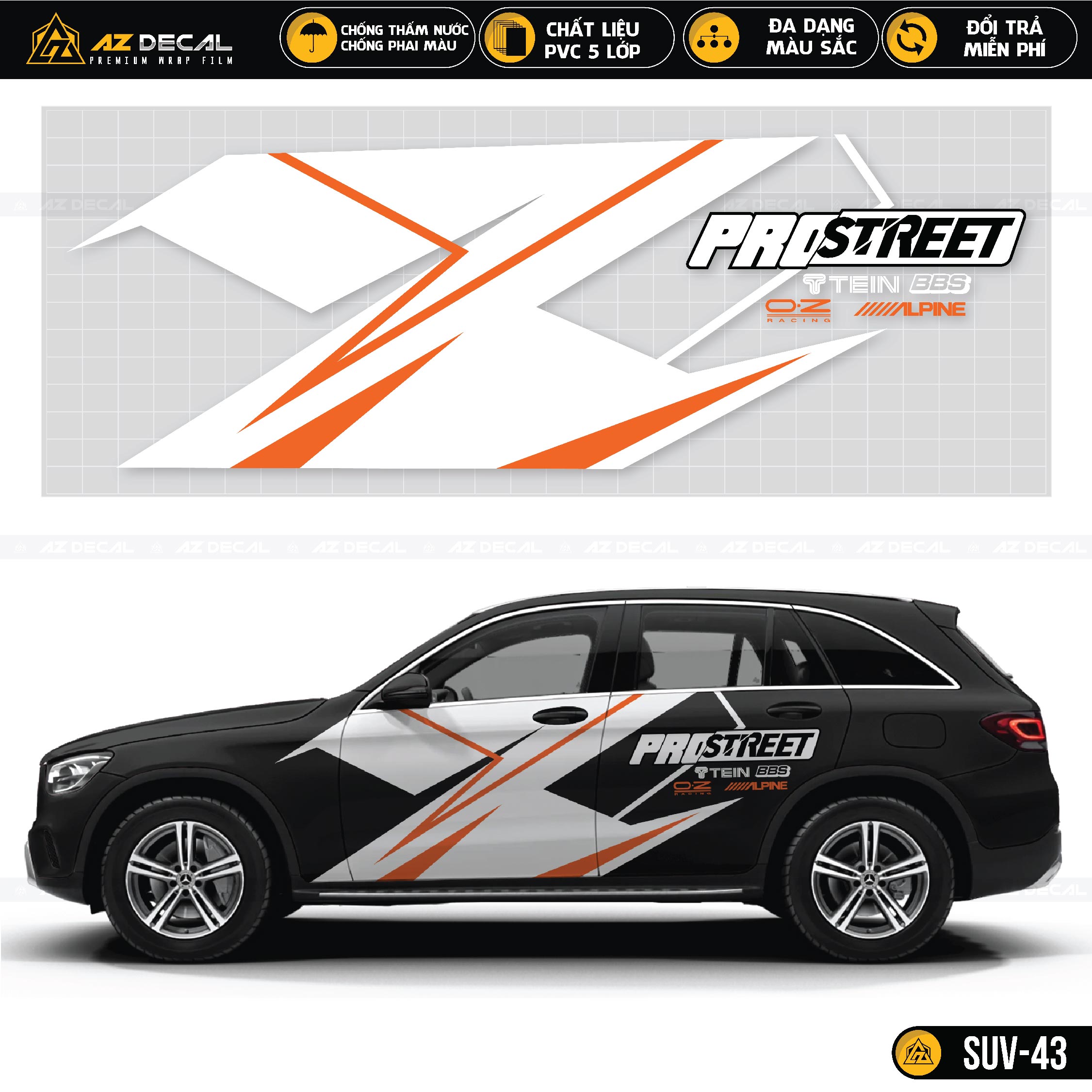 Decal dán xe ô tô SUV phong cách Pro Street cam trắng