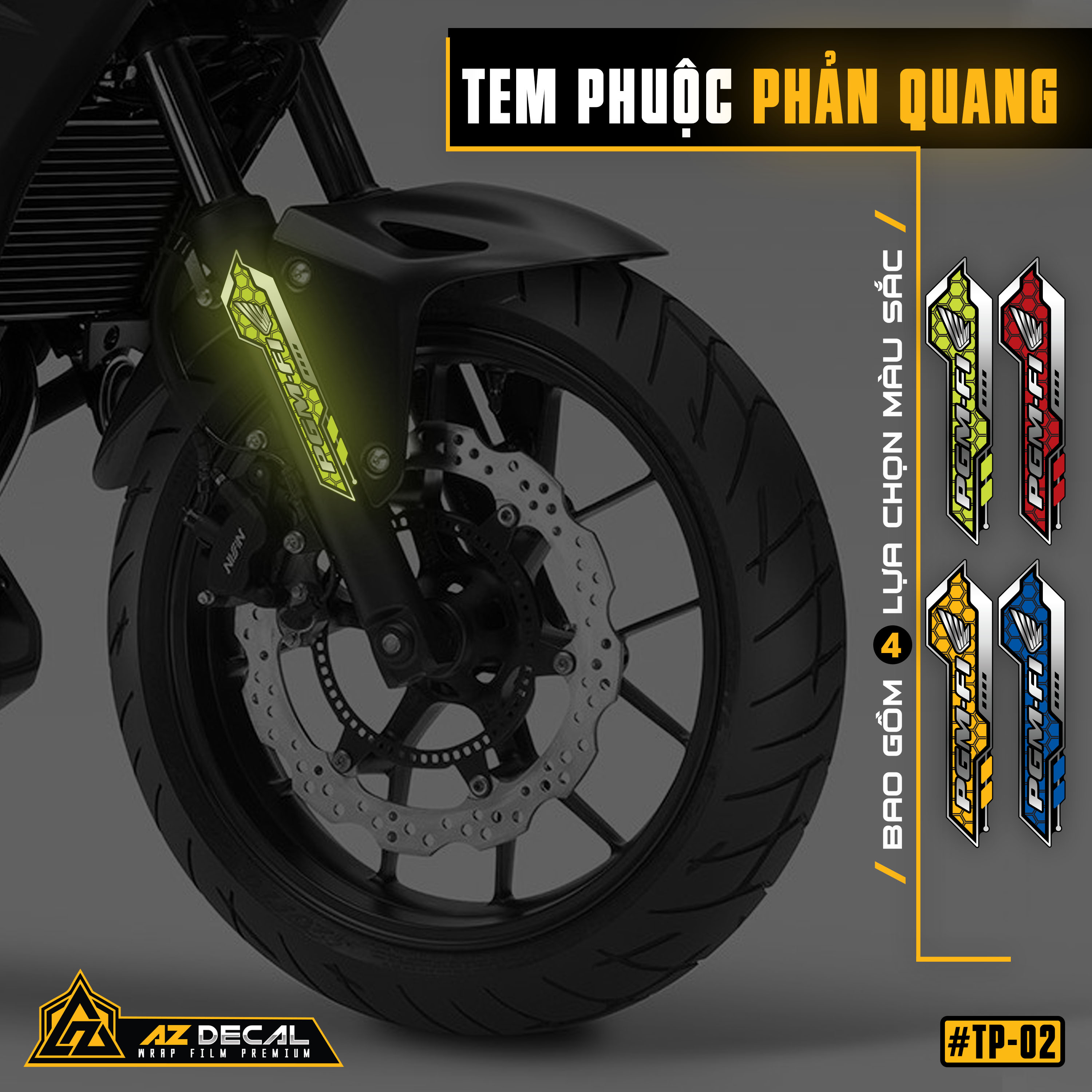 Tem dán phuộc trước mẫu TP02 màu neon xanh lá