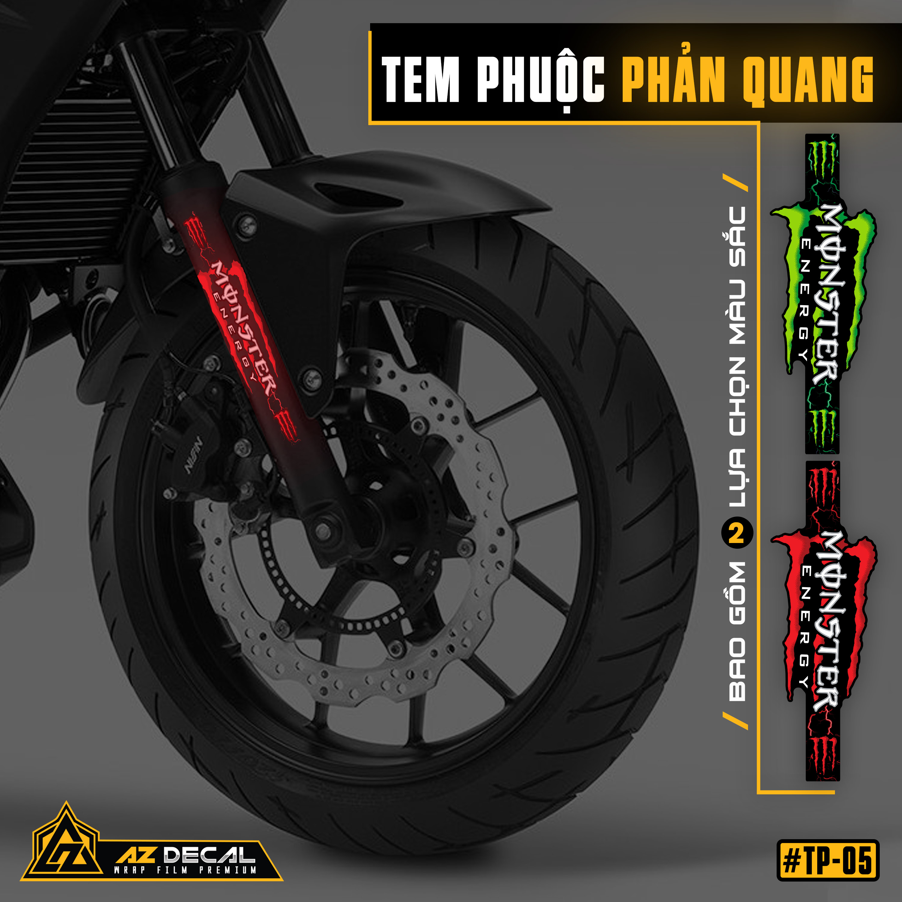 Decal dán phuộc trước phản quang Monster đỏ