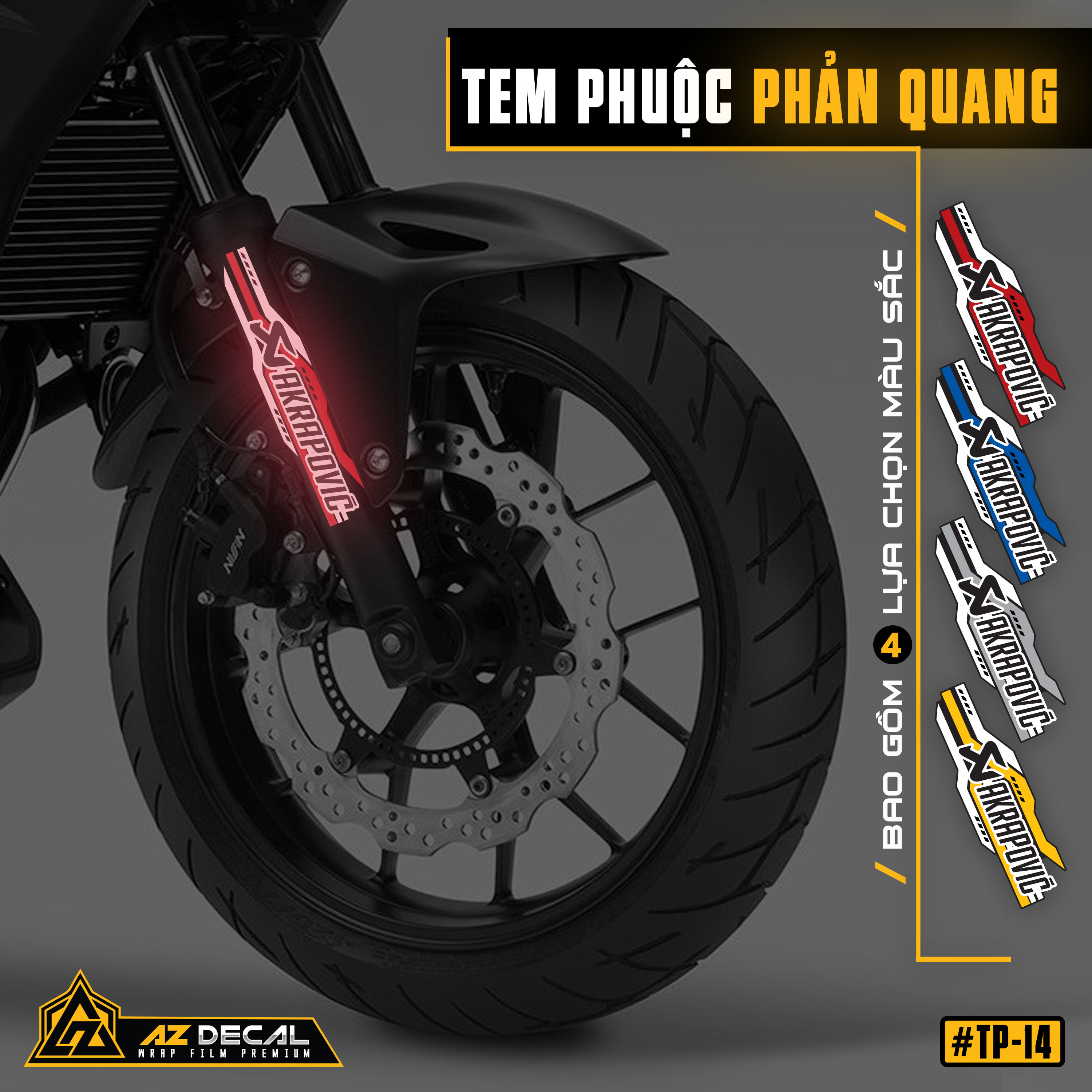 Tem dán phuộc Akrapovic màu đỏ phản quang