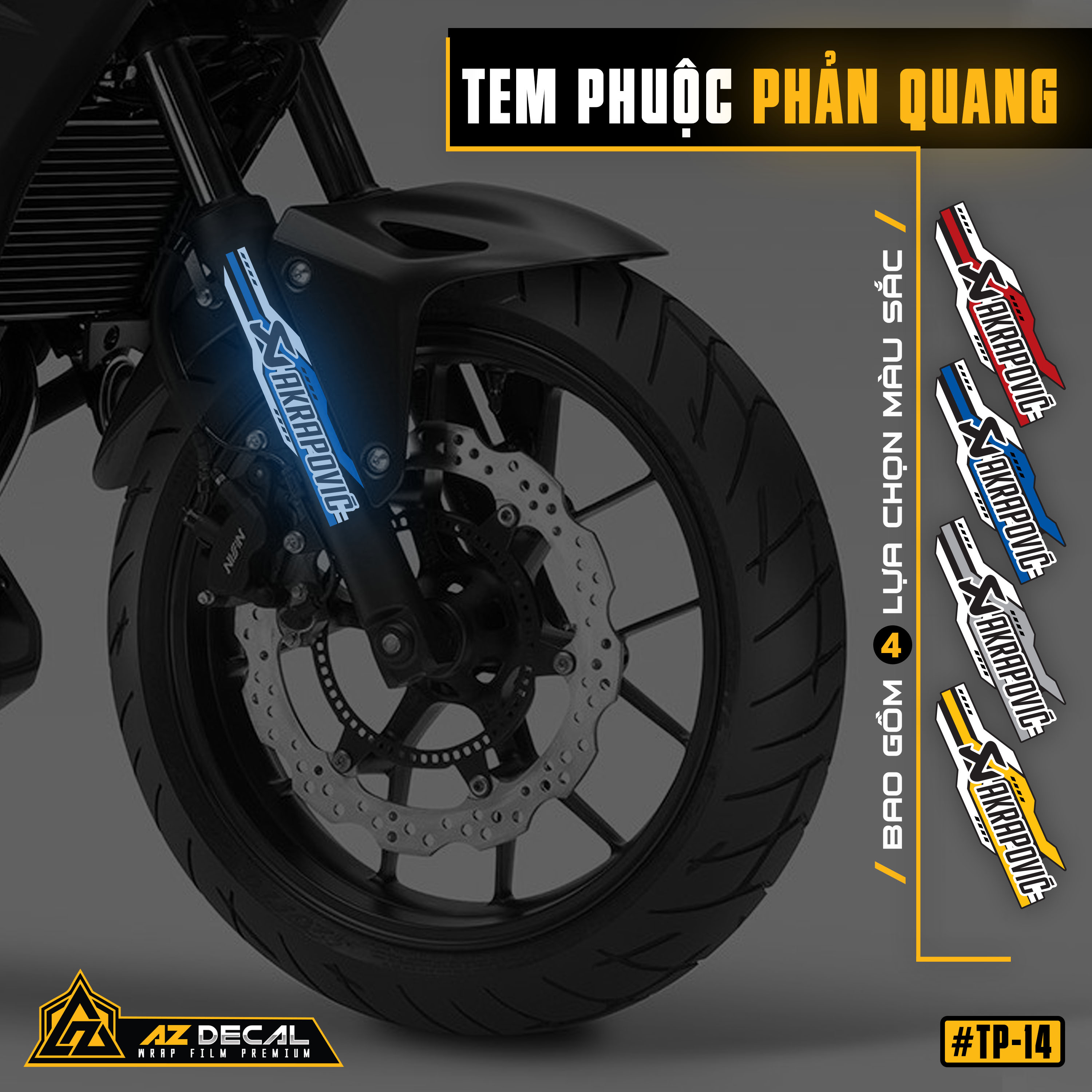 Decal dán phuộc, gắp xe máy Akrapovic xanh