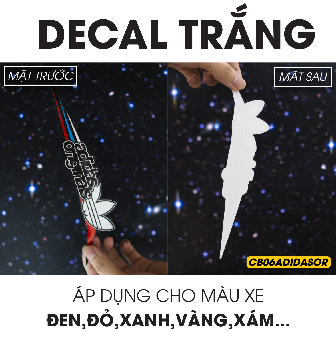 Decal trắng mẫu Adidas - Áp dụng xe đen, đỏ, vàng, xanh, xám