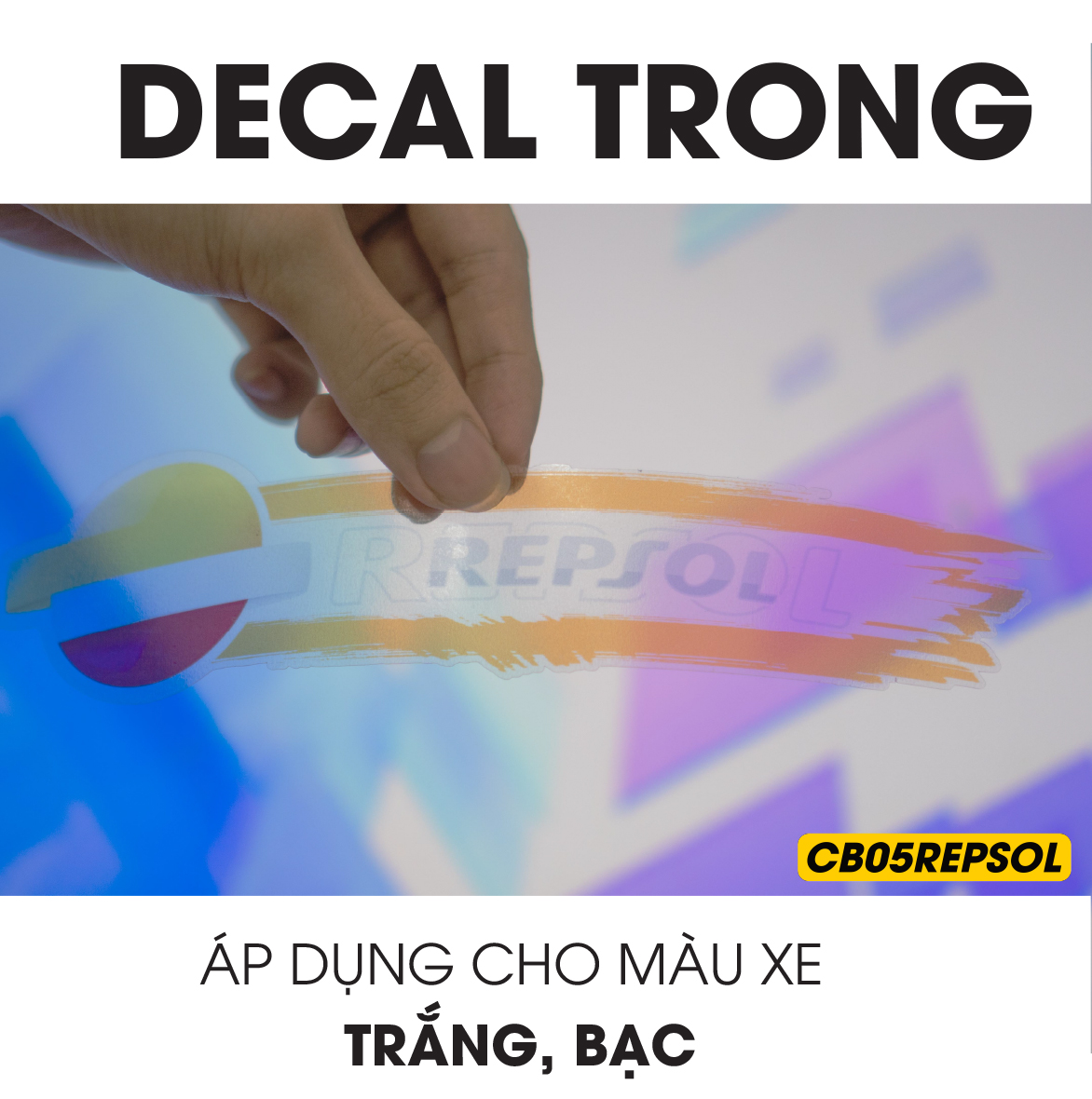 Tem xe màu trắng, bạc chất liệu decal trong