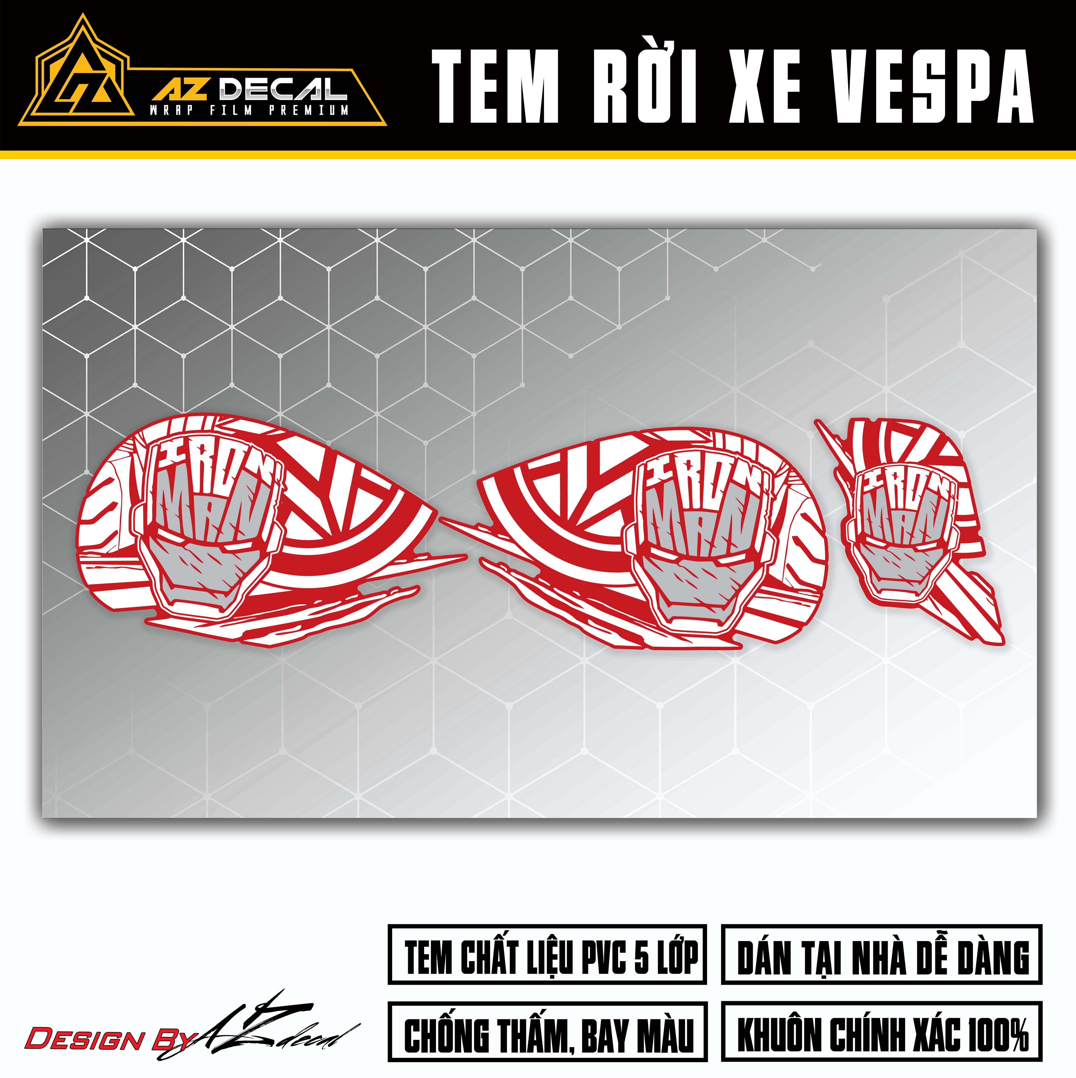 Decal rời dán xe Vespa mẫu Iron Man màu trắng (nền đỏ)