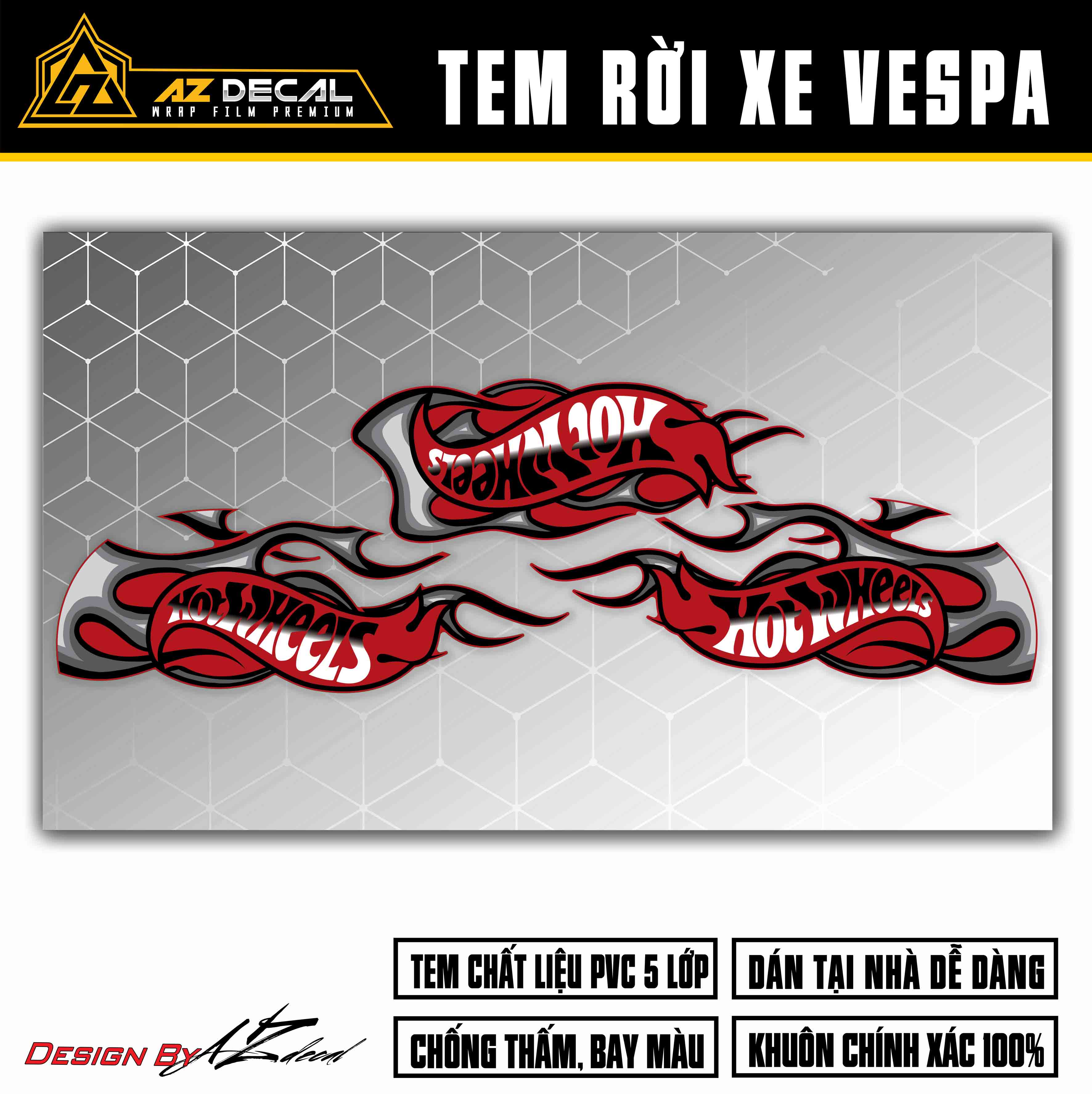 Decal dán xe Vespa ngọn lửa đen (nền đỏ)