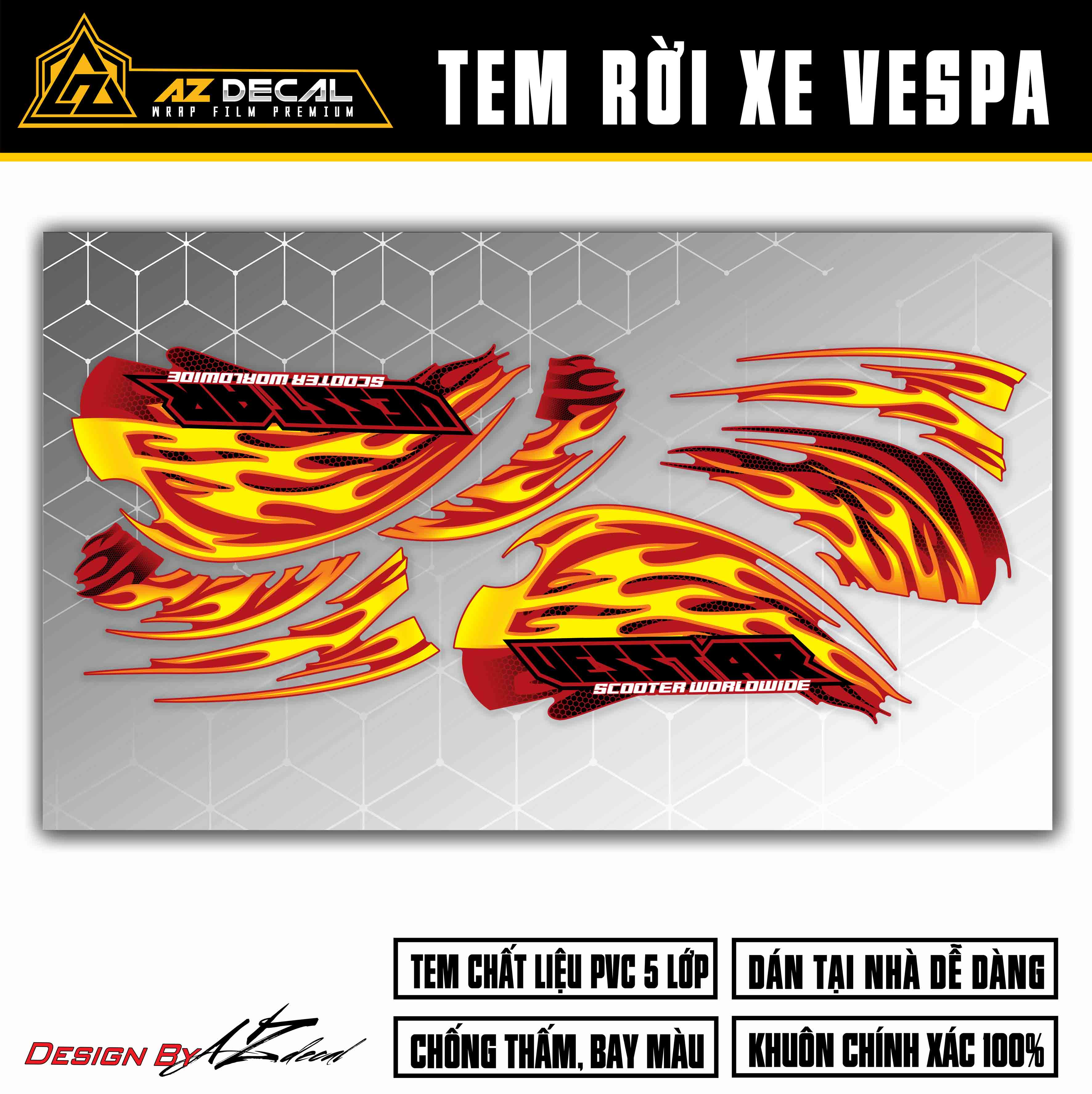 Tem xe Vespa màu vàng đen nền đỏ