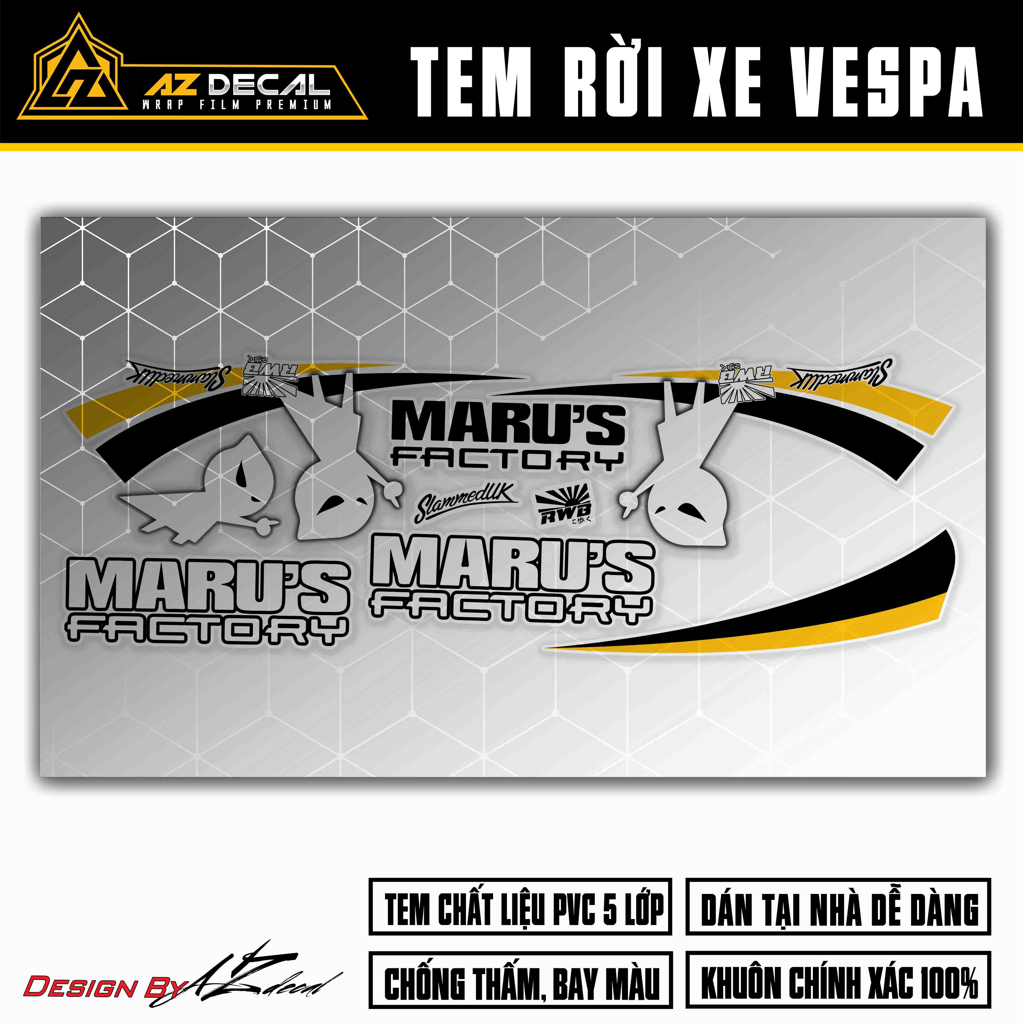 Tem dán xe Vespa Sprint mẫu Maru's Factory nền trong