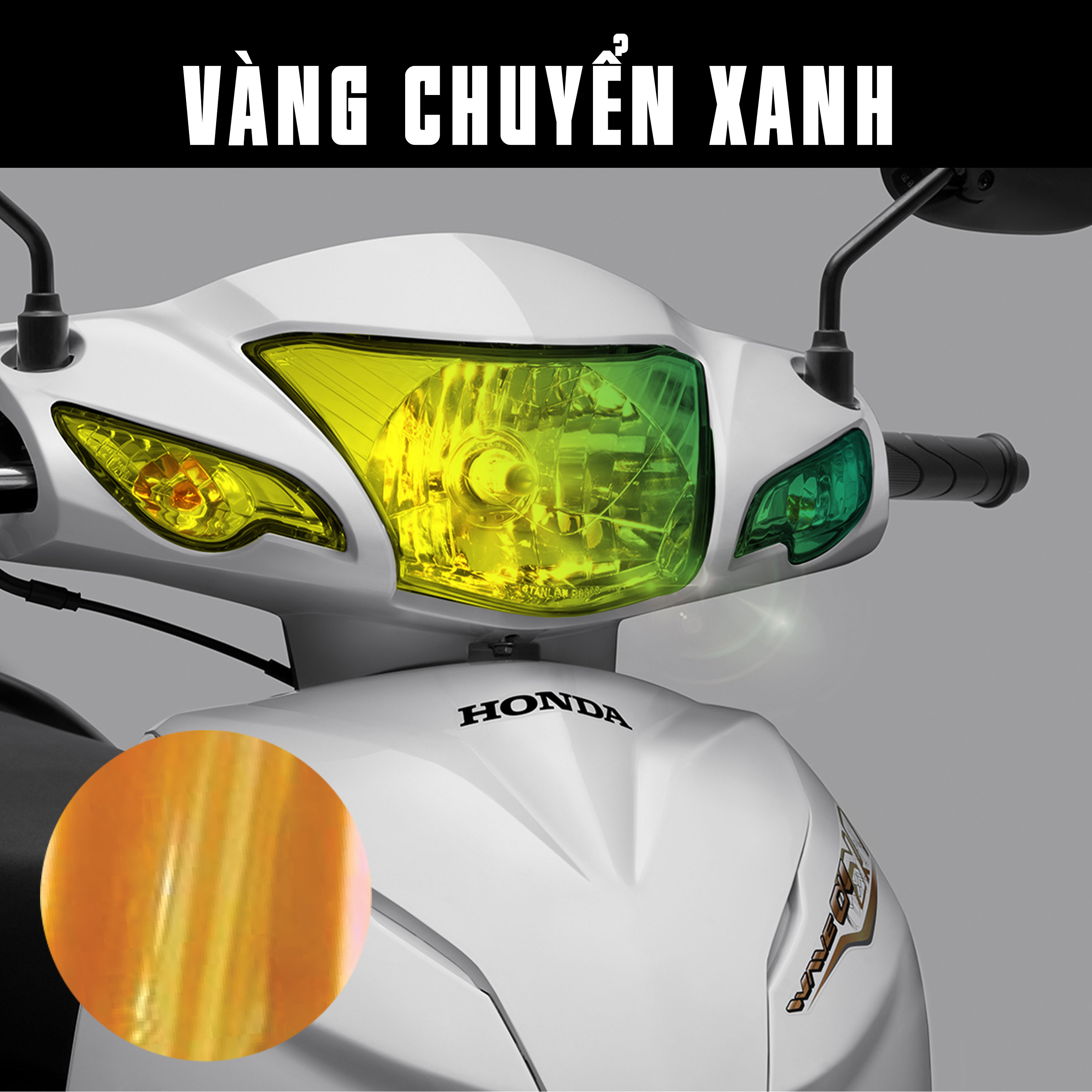 Decal trang trí đèn xe Wave A màu vàng chuyển xanh