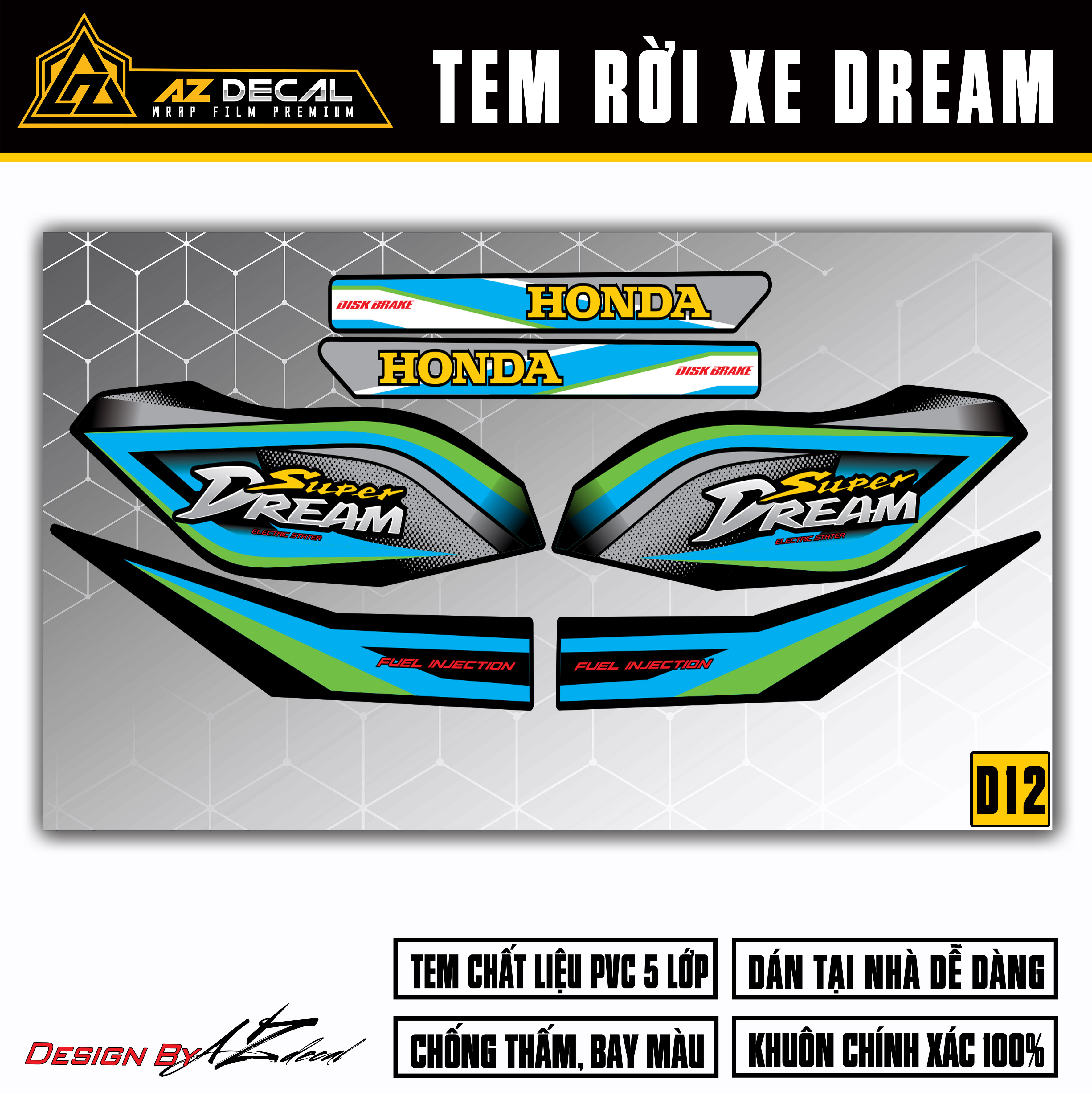 Decal xe Honda Dream Xanh Xám mẫu D12