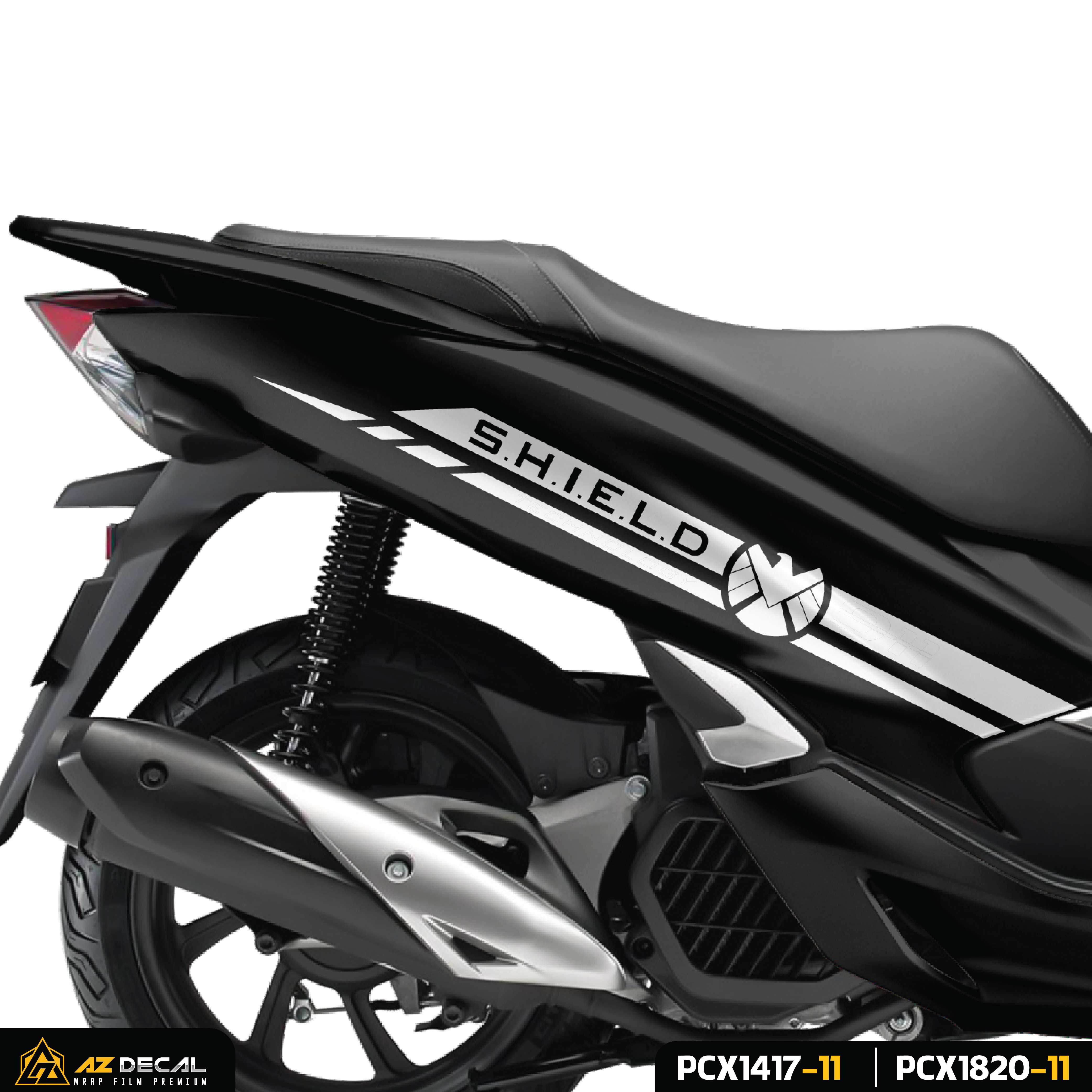 Decal dán xe PCX trắng (nền đen) mẫu SHIELD