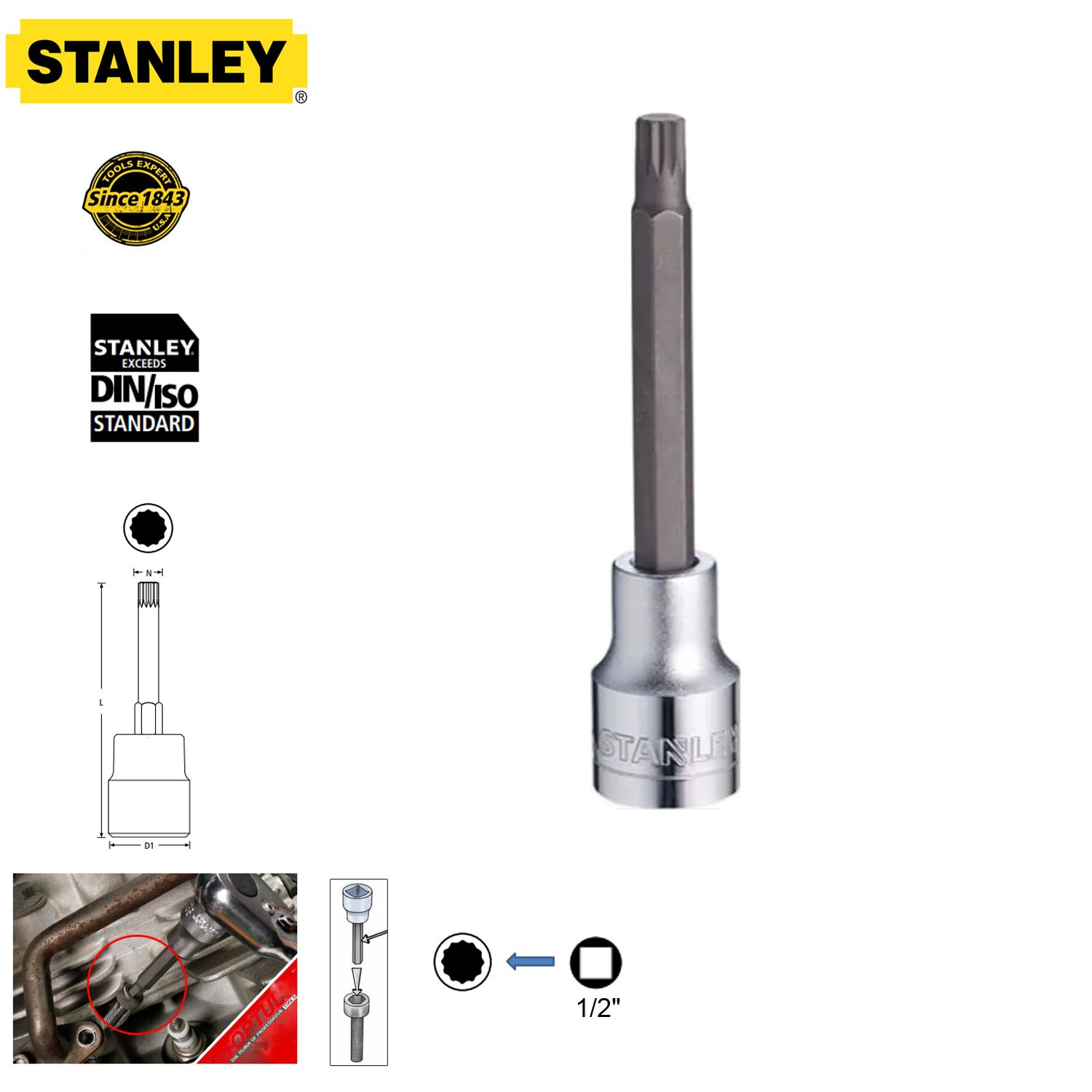 Đầu tuýp 1/2'' ra mũi bông dài M-5 Stanley STMT734-8B