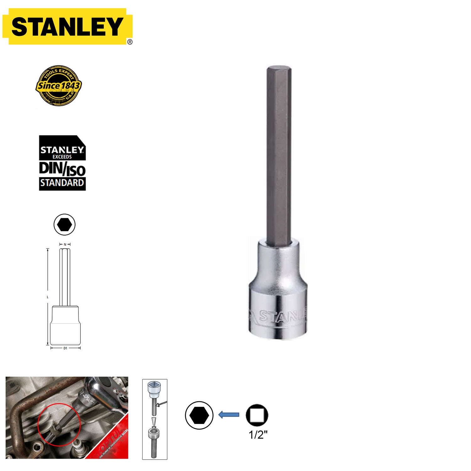 Đầu tuýp 1/2" ra lục giác dài Stanley STMT733-8B