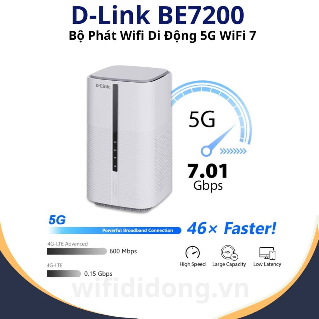 Bộ Phát WiFi 5G D-Link BE7200 | Bộ Phát WiFi 5G Chuẩn WiFi 7, Hỗ Trợ VoNR – VoLTE, Tốc Độ Cực Nhanh 7200Mbps, Đa Thiết Bị Kết Nối | Hàng Chính Hãng