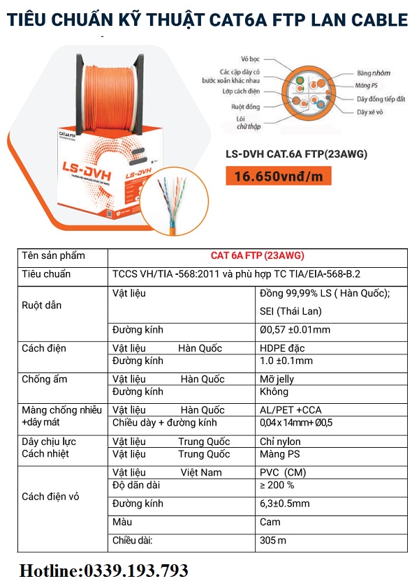 Dây cáp mạng LS-DVH CAT6A FTP 23AWG chống nhiễu - Việt Hàn