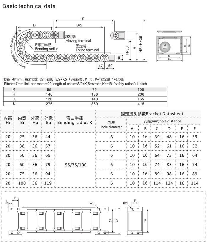 Máng xích nhựa cầu hở cao trong 20mm