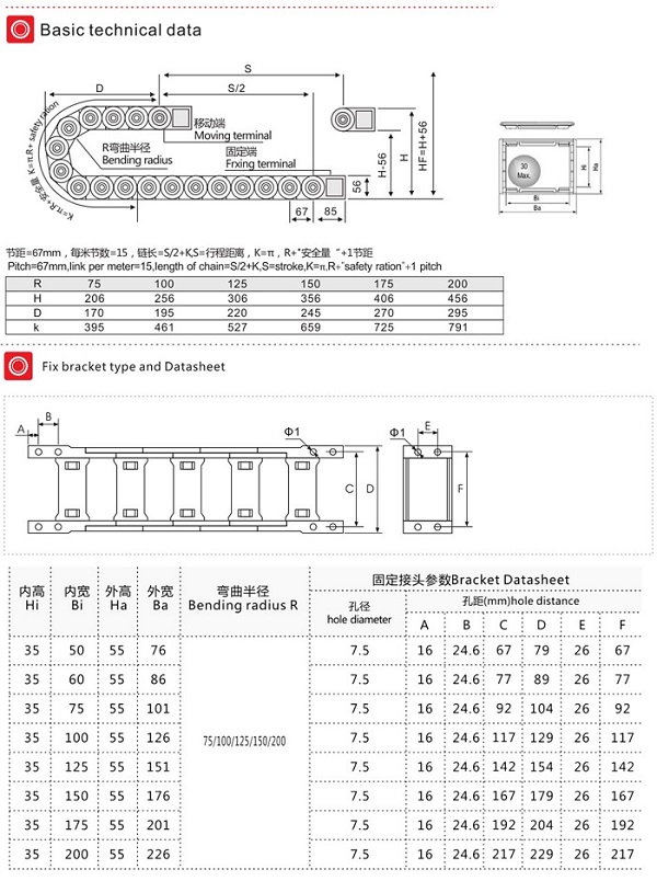 Máng xích nhựa cầu hở, cao trong 35mm
