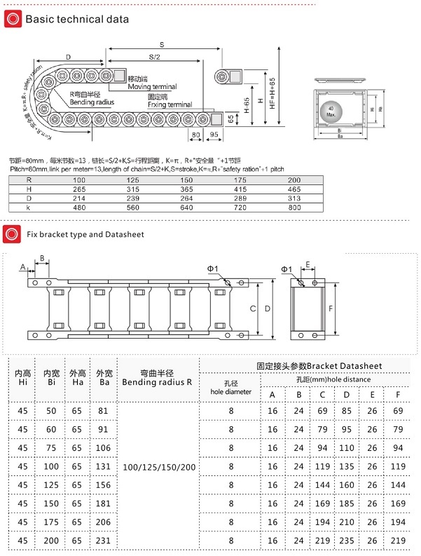 Máng xích nhựa cầu hở, cao trong 45mm